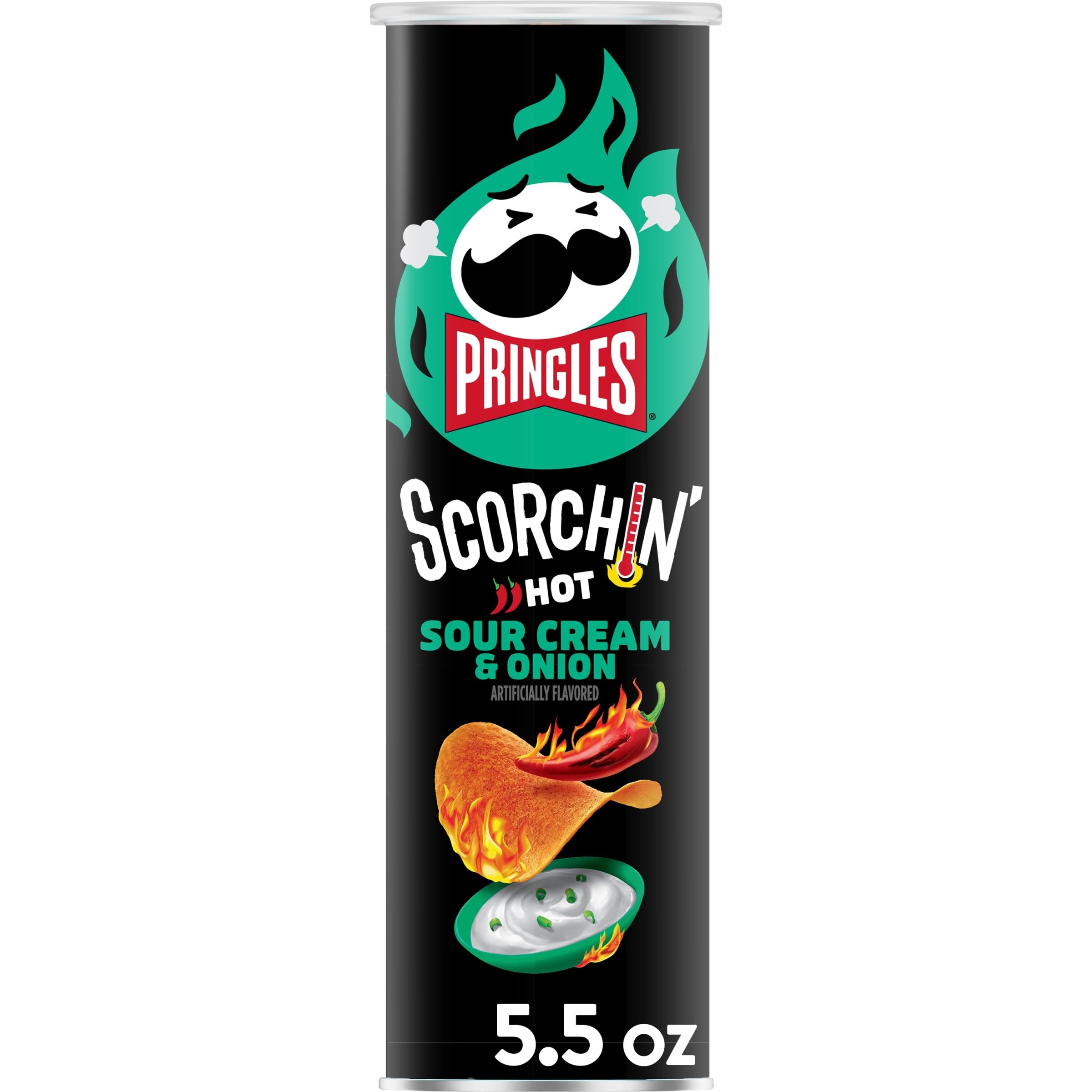 Pringles Scorchin' Potato Crisps Chips, Sour Cream and Onion, Fiery Spicy Snacks, 4.8lb Case (14 Cans)