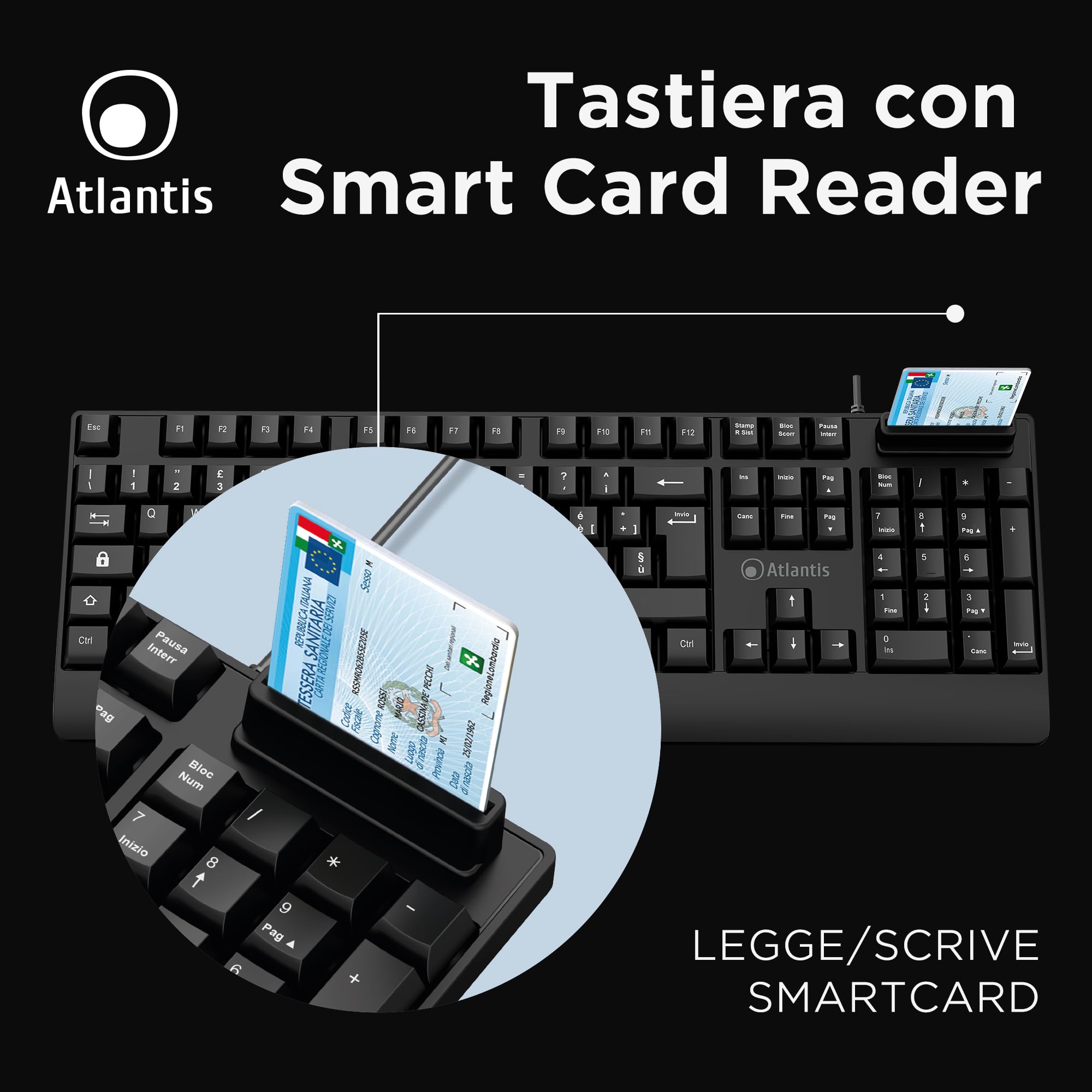 Atlantis Teclado con lector de tarjetas inteligentes integrado, QWERTY italiano, lectura CNS, CRS, tarjeta de salud, firma digital, puerto USB, cable de 1,5 m - negro