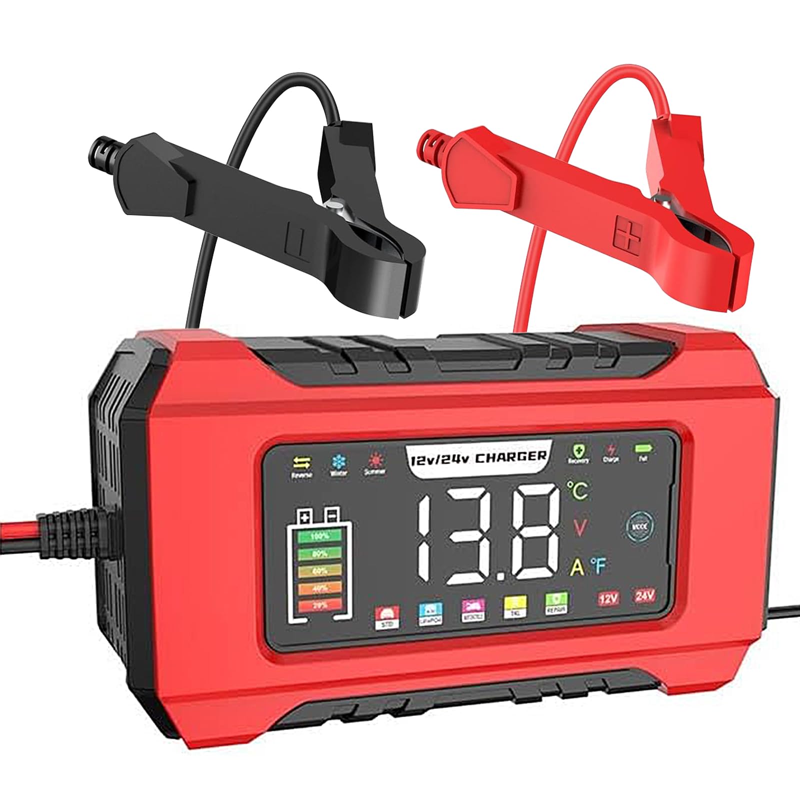 Caricabatteria Auto di Carica 24V 8A/12V 15A, Carica Batteria per Auto di Carica Portatile LiFePO4, Caricabatteria di Mantenimento con 4 Modalità di Carica per Batterie per al Litio Moto e Caravan