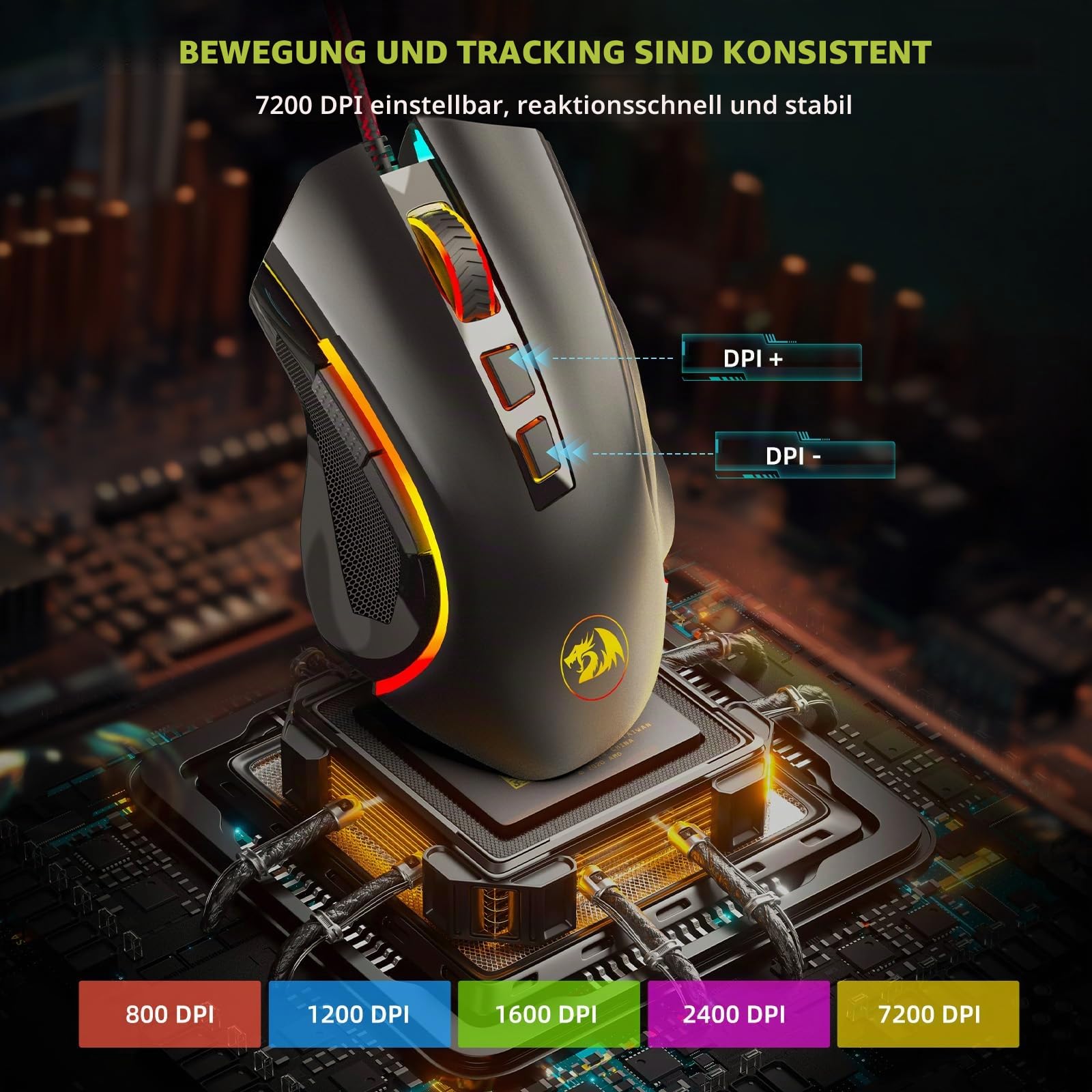 Redragon M602 Gaming Maus mit Kabel, Wired Computer Mouse Gaming mit Treiber, 7 Programmierbare Tasten und RGB-Leuchten, 7200 DPI PC Maus Gaming Ideal für PC/Laptop (schwarz)
