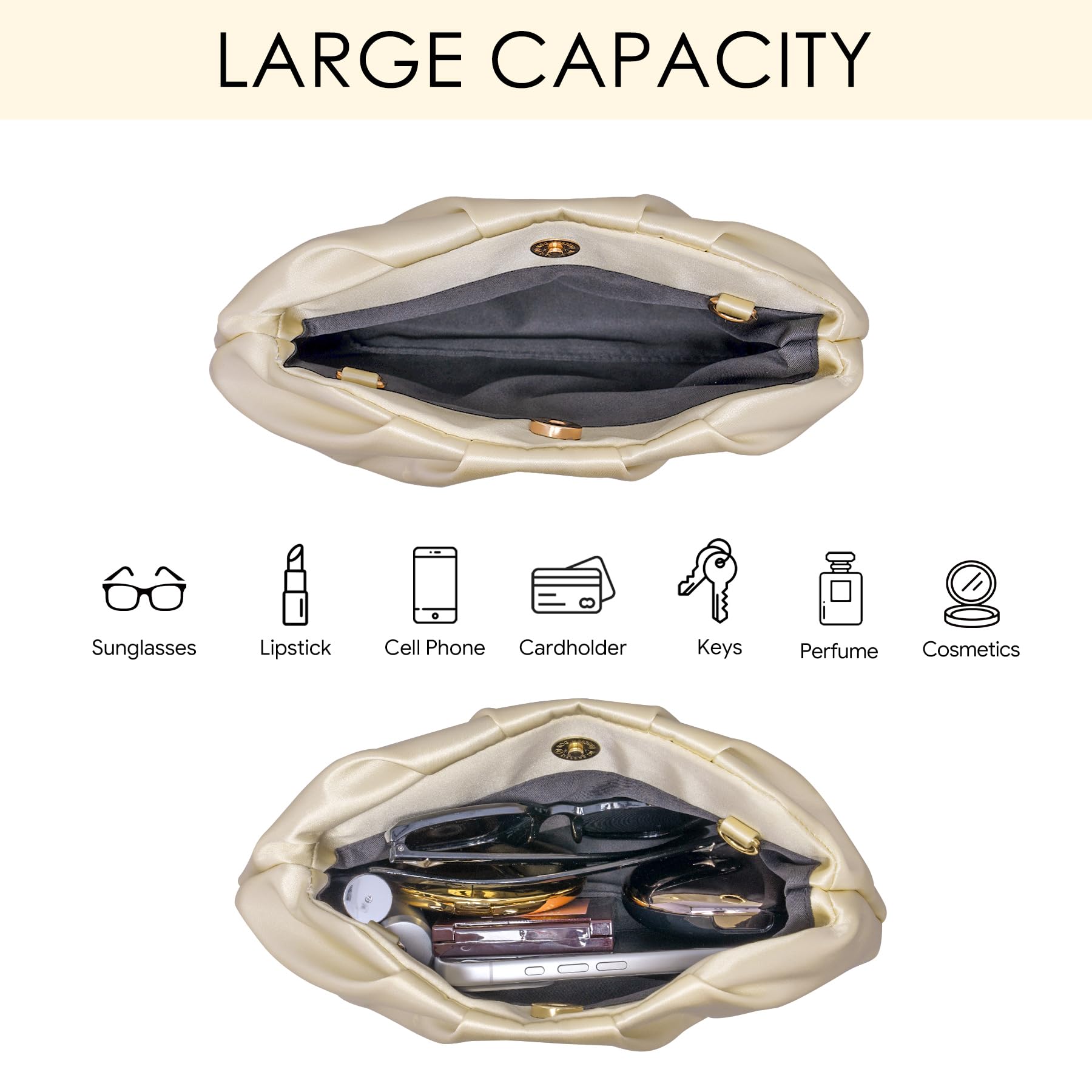 Larcenciel Pochettes et Clutches Femme, Pochette Femme Chic en Satin Champagne avec Design Plissé Élégant, Sac à Main pour Cérémonie Mariage & Soirée, Sac à Bandoulière avec Chaîne Détachable