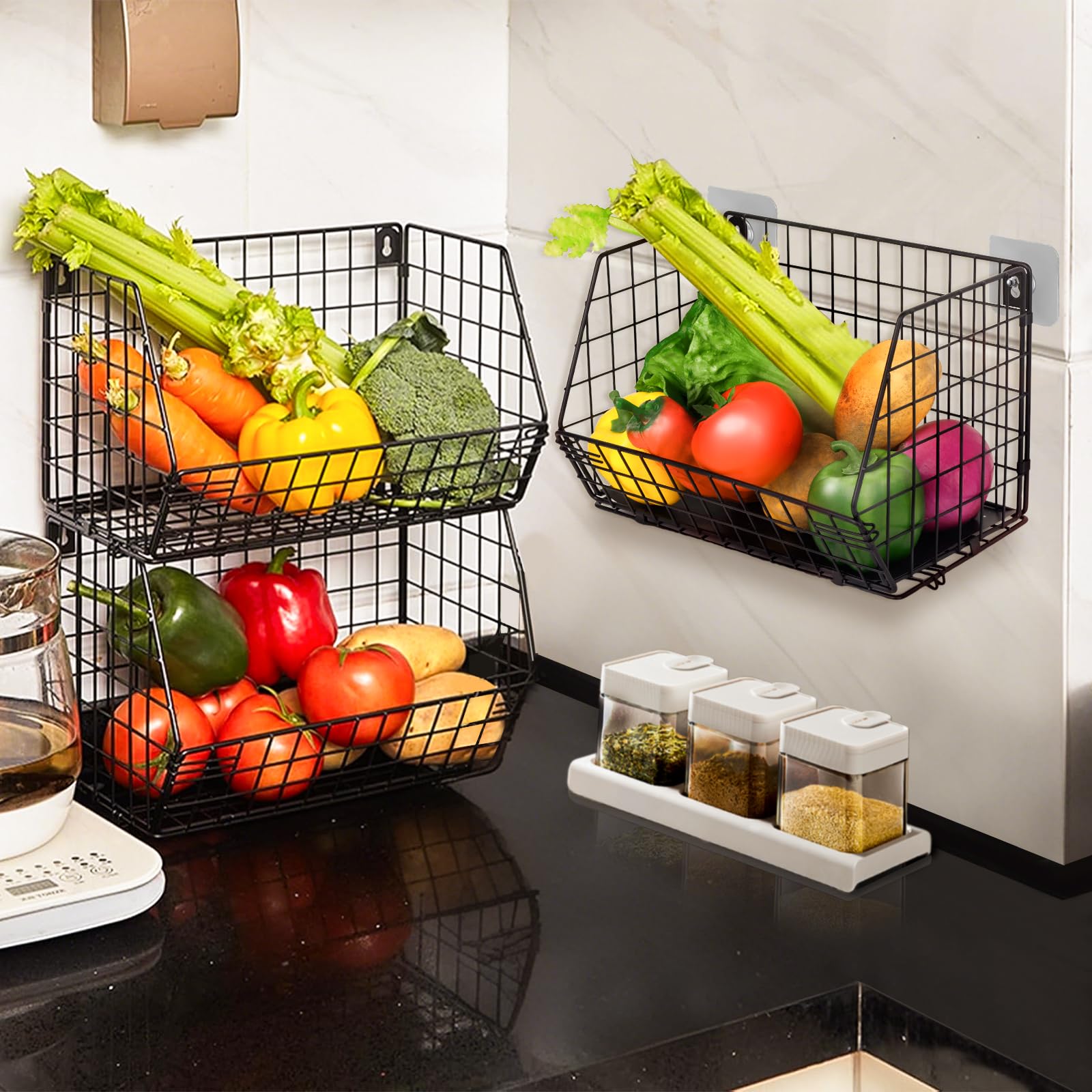 Portafrutta Pensile Porta Frutta Verdure Pieghevole con 6 Ganci Cestini Portaoggetti 3 livelli Cesto di Cestino Frutta Appendibile Impilabili Cesto Appendibile Portaoggetti da Muro