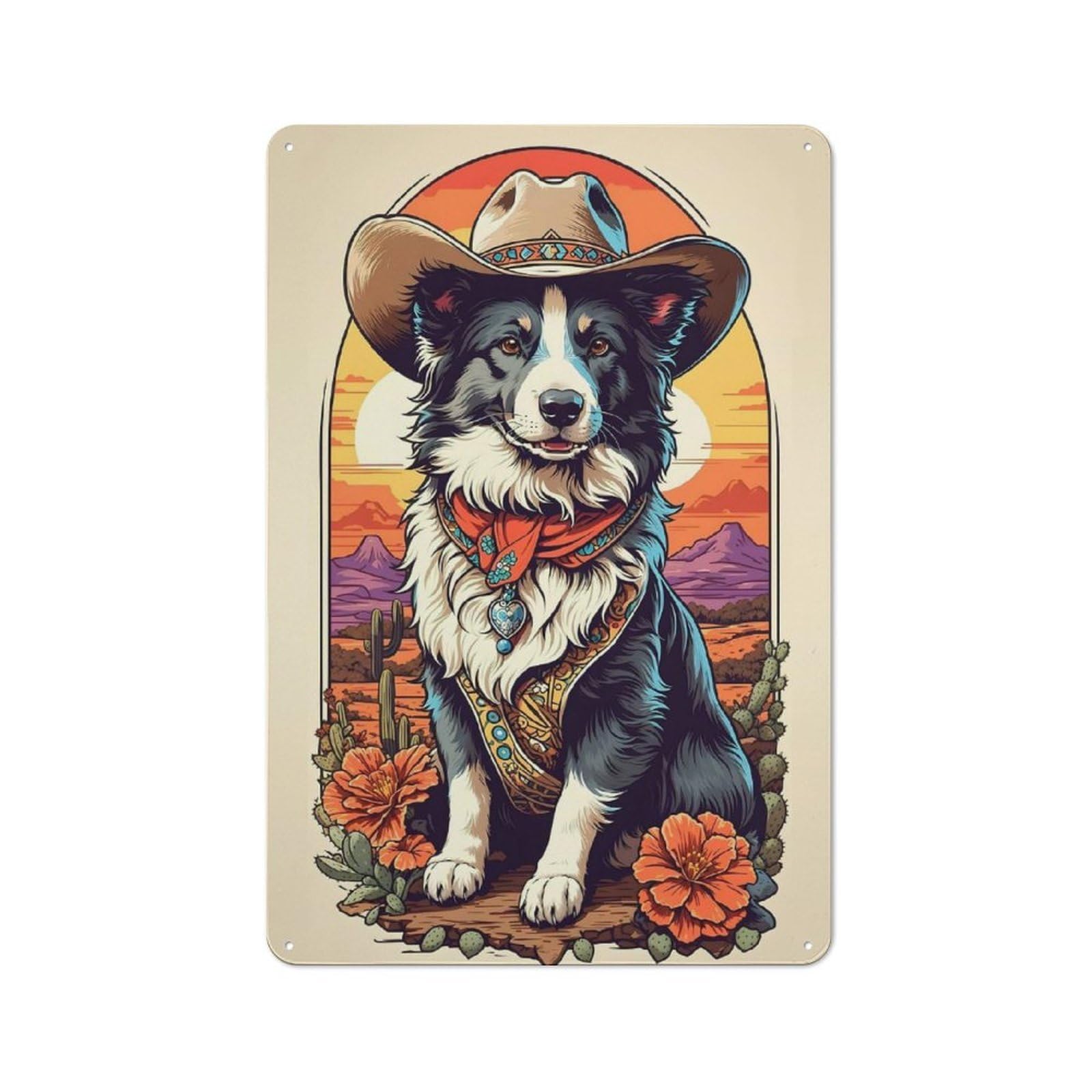 30x20cm Rustic Metal Sign with Border Collie Cowboy for Hobby Room Or Studio, Metal Sign Decor for Hobby Rooms And Studios