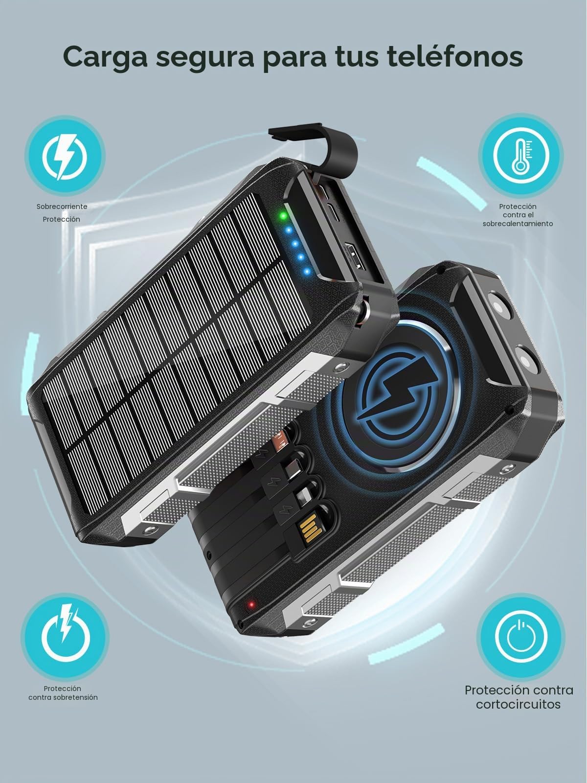 Banco de energía solar de 26800 mAh con 4 cables, magnético inalámbrico, carga rápida, 30 W, USB C, cargador portátil de 7 salidas, batería externa con linterna para camping al aire libre teléfono