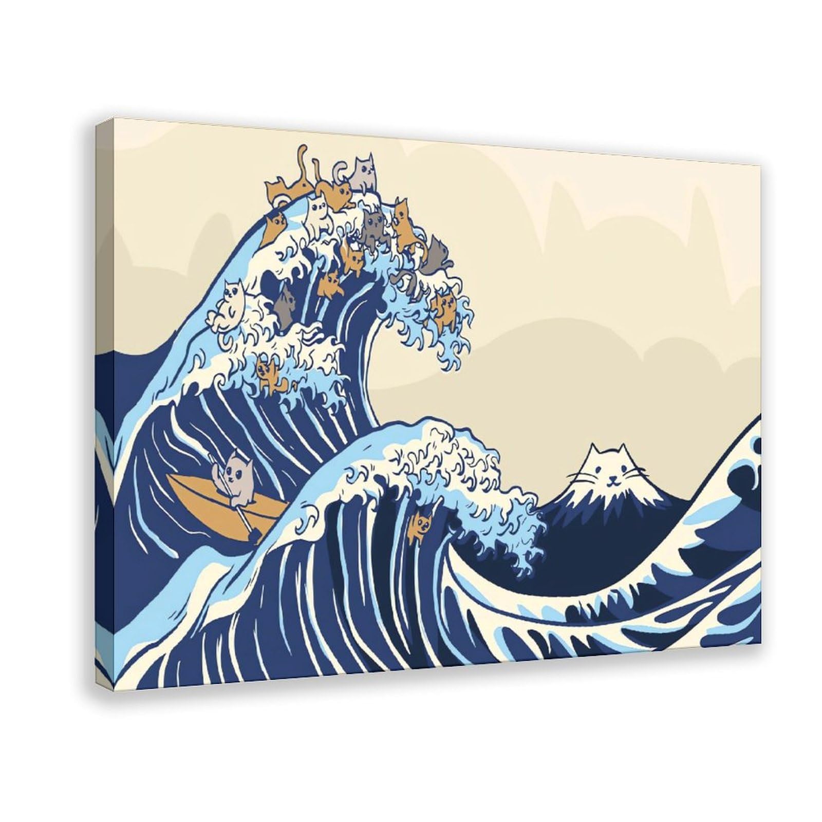 Qnvjqkdsi Frame Kanagawa Wave With Cats Art Canvas Poster Wall Art Decor Print Picture Paintings For Living Room Bedroom Decoration 24" L X 36" W