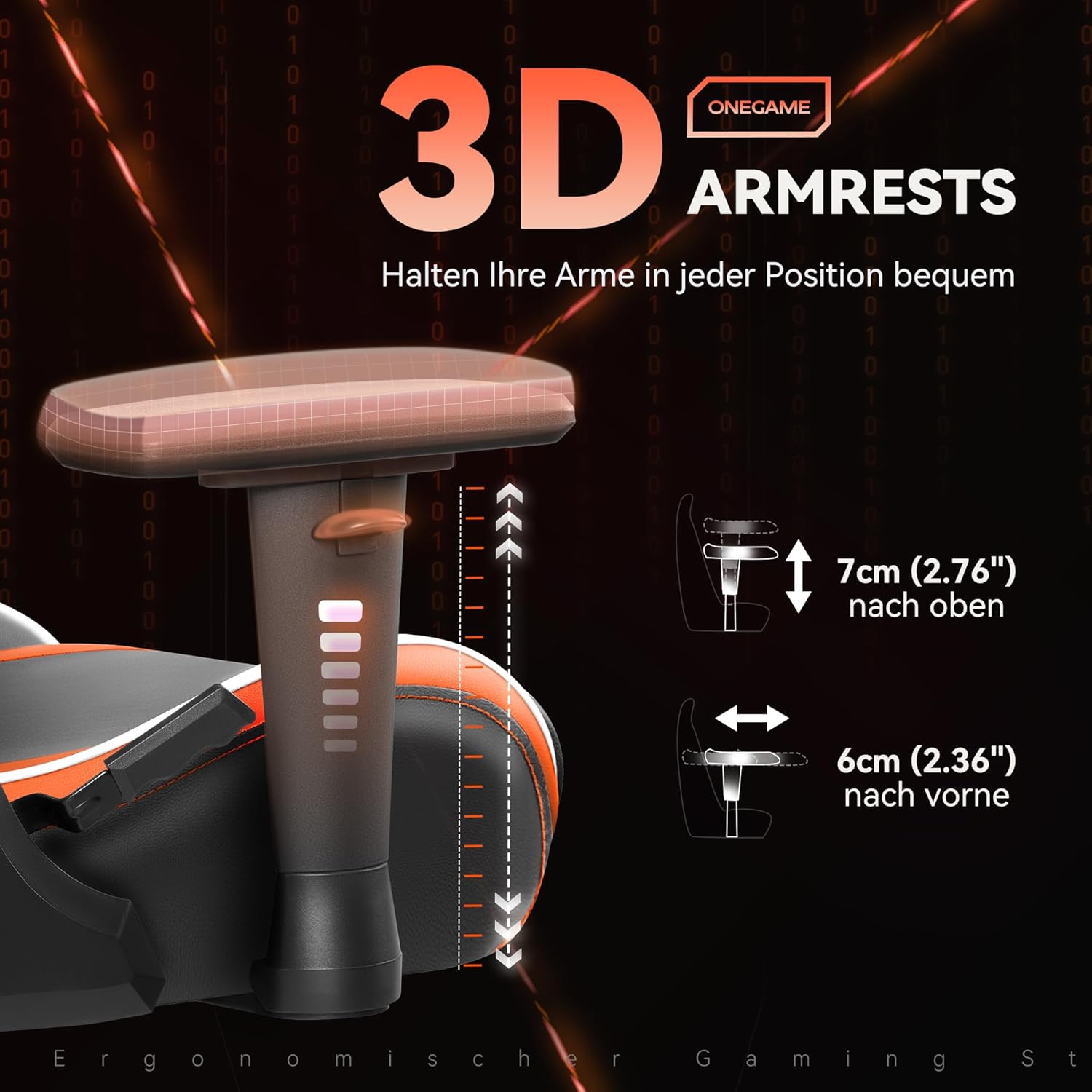 Diagram illustrating 3D adjustable armrests with vertical and horizontal movement
