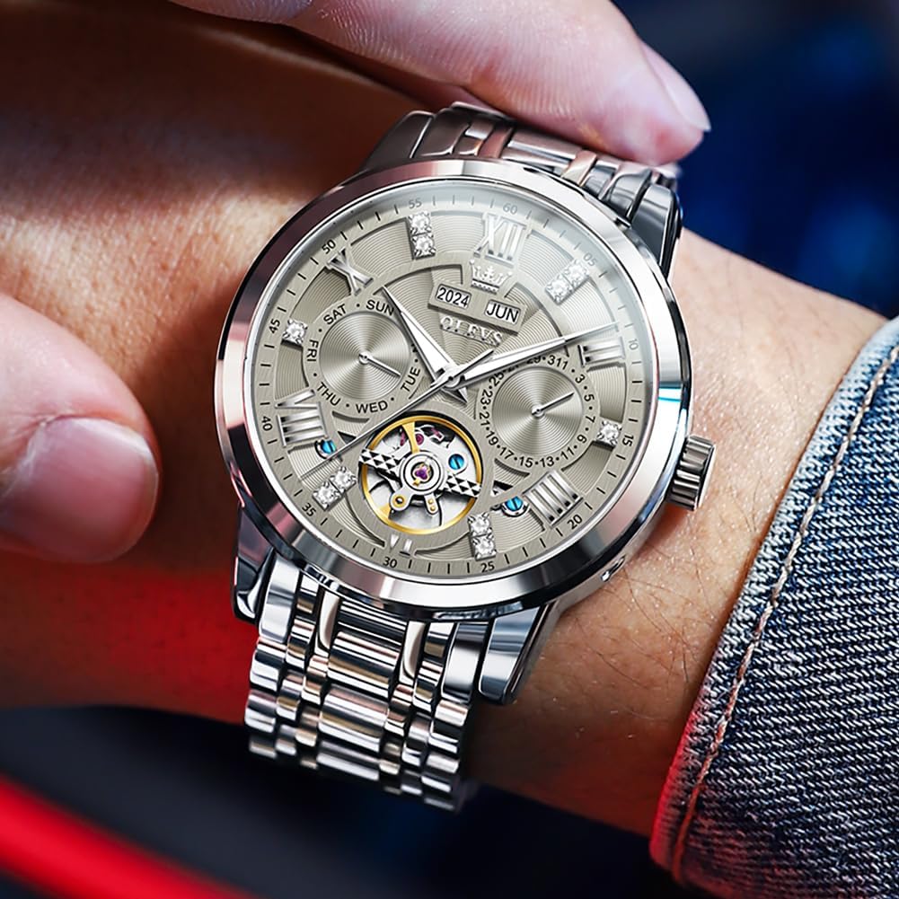 OLEVS Automatic Watches for Men Self Winding Mechanical Skeleton Luxury Dress Stainless Steel Diamond Men Wrist Watches - Image 3