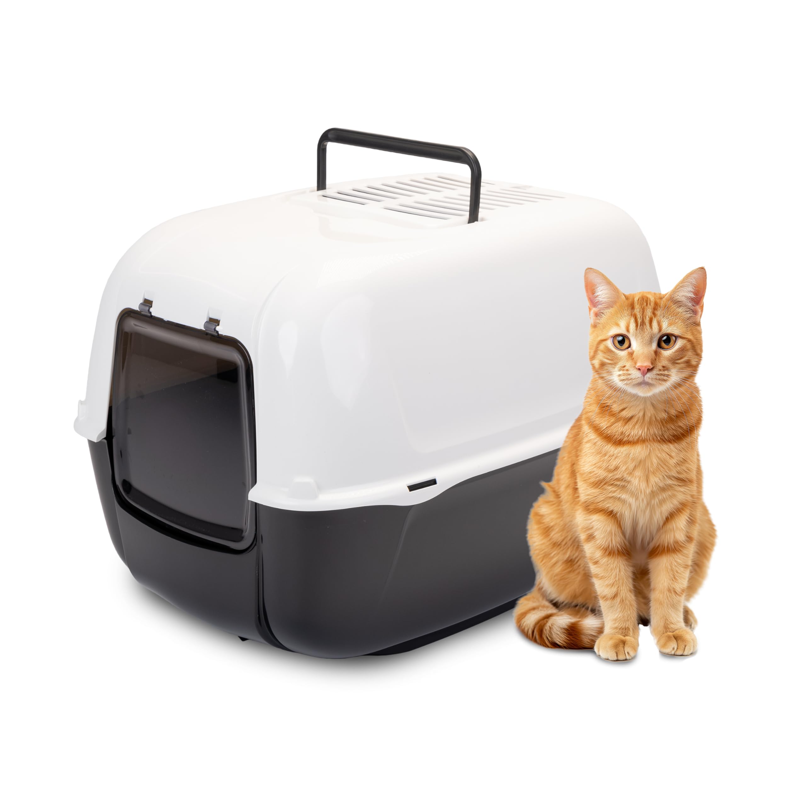 Ferplast Hooded Cat Litter Tray Box, PRIMA Cat Toilet Box with Door and 2 Activated Carbon Filters against bad odors, 39,5 x 52,5 x 38 cm., light black