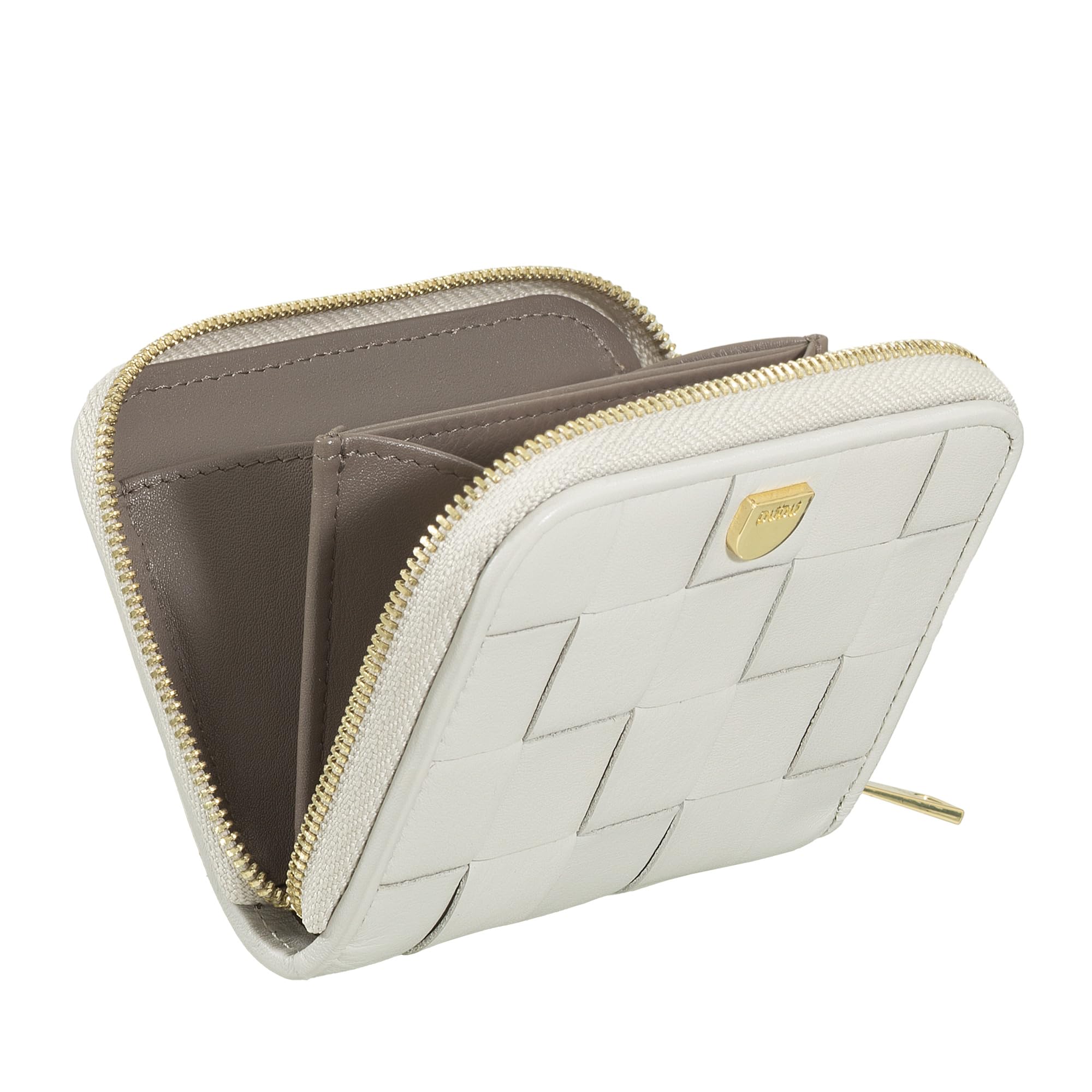 DUDU Portafoglio Donna Piccolo in Pelle Intrecciata Zip Around - Elegante e Compatto, Porta Carte, Portamonete e Banconote con Cerniera Perla
