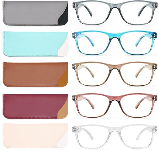 Fetrrc Reading Glasses Blue Light Blocking Computer Readers for Women/Men, Anti Glare/Fatigue Clear Square Eyeglasses 5 Pairs