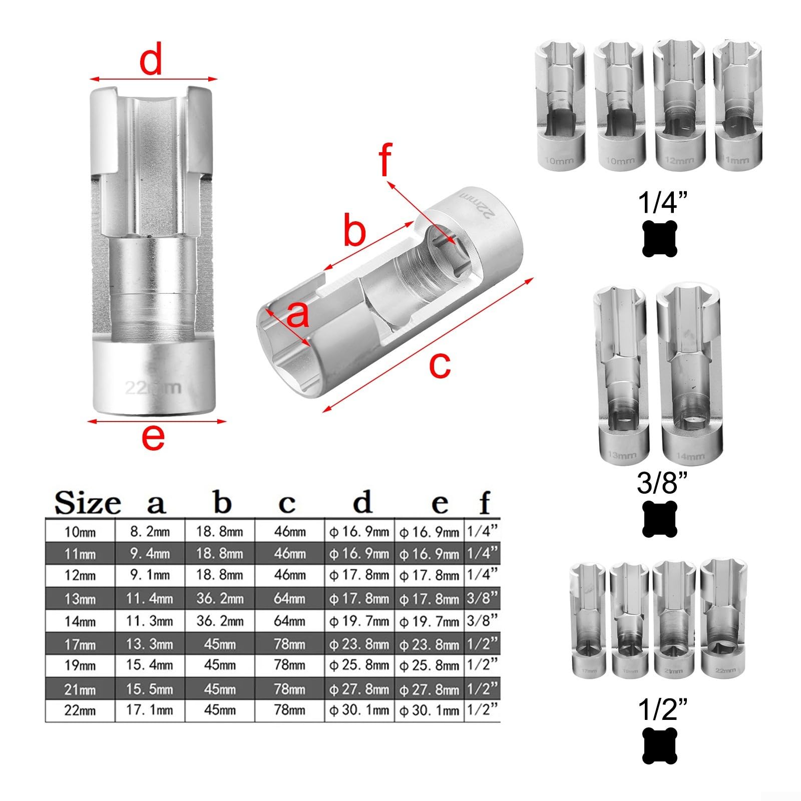 Set di chiavi a bussola per linea carburante iniettore diesel, 1/4 3/8 1/2 10-22mm Presa per iniettore diesel per fissaggio su tubi piegati, per fissaggio su tubi piegati, sensore EGT, interruttori t