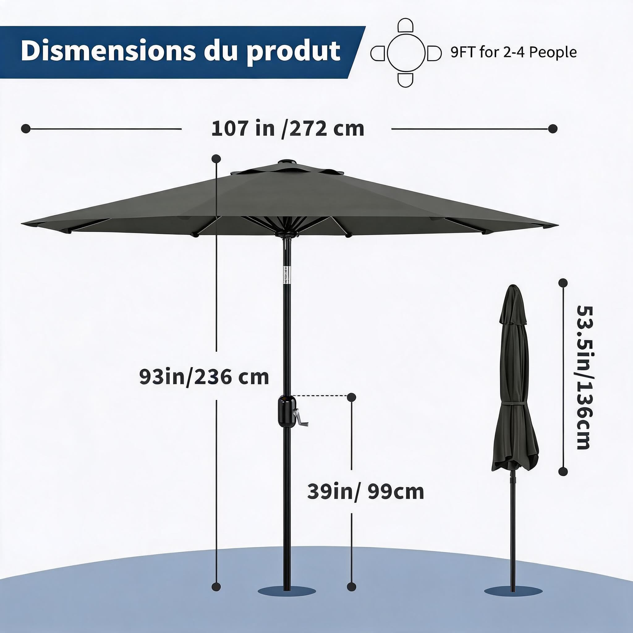 Parasol de Jardin 2,7 m Étanche UV50+, Manivelle, Inclinaison, Gris