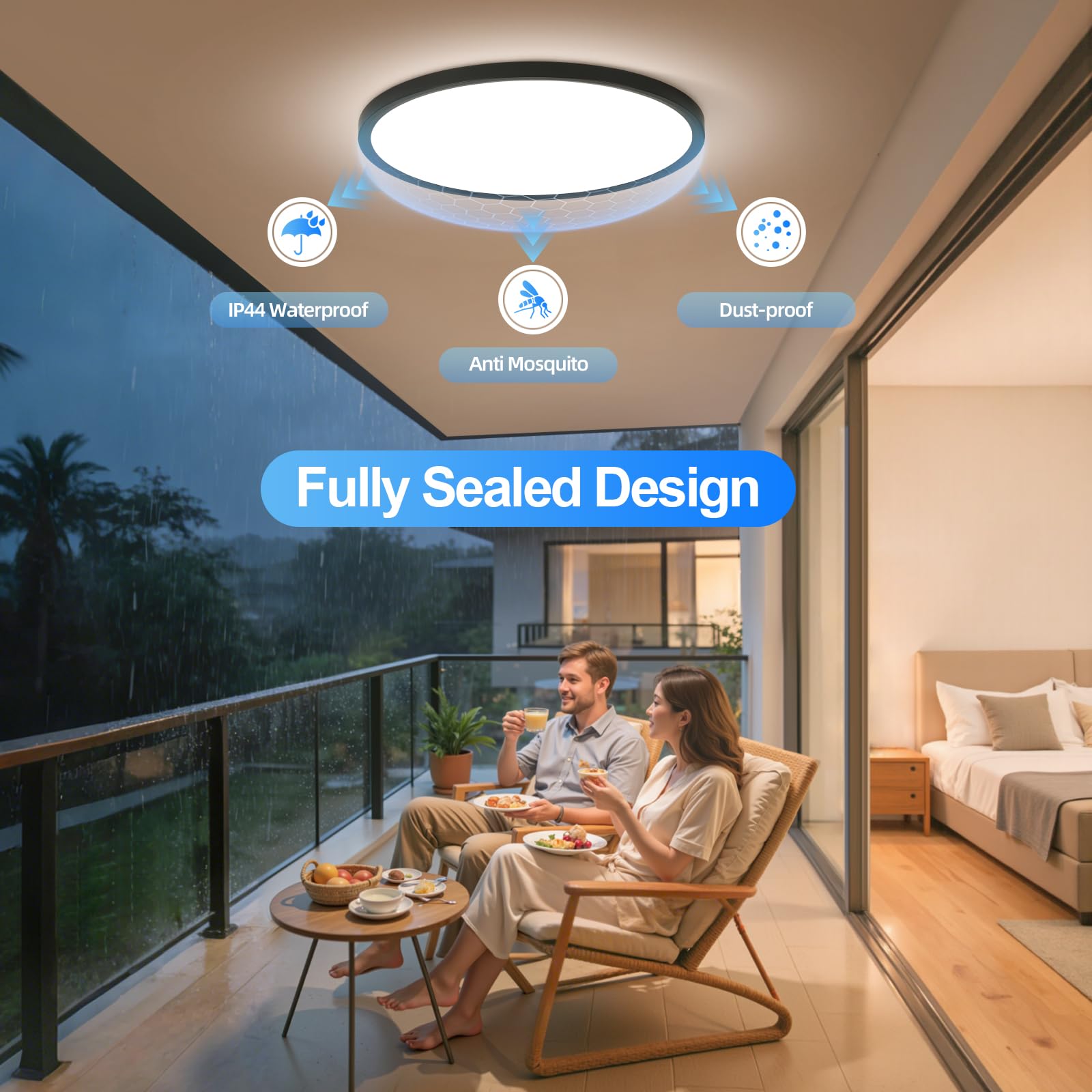 OTREN Lampa sufitowa LED do ściemniania 56 W, 5600 lm, z pilotem, trybem nocnym i funkcją pamięci, czarna 3000 K - 6500 K, wodoodporna IP44, do salonu, biura, kuchni i sypialni, 60 cm