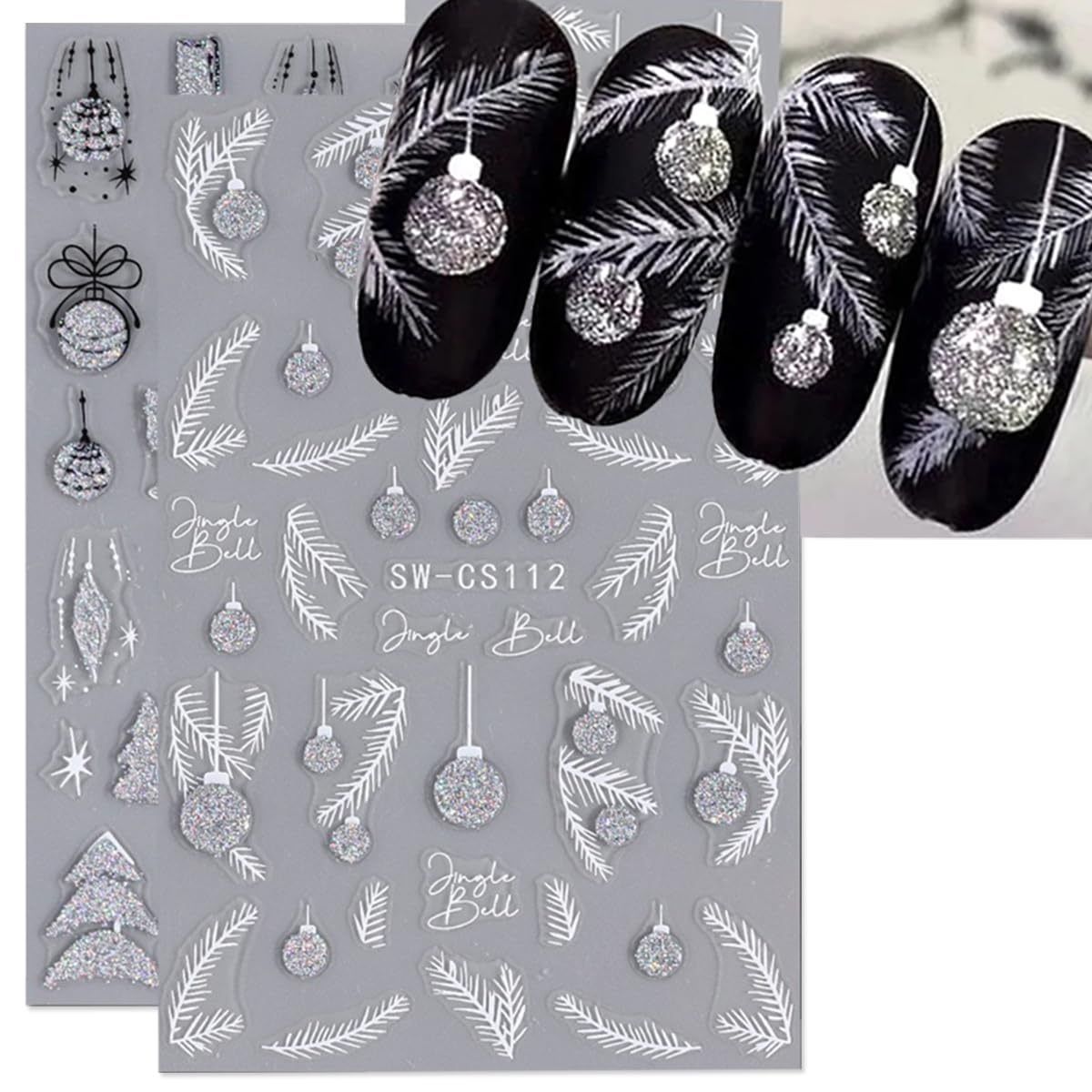 Christmas Nail Art Stickers Winter Snowflake Nail Decals 3D Sliver Glitter Xmas Tree Feather Wine Christmas Stickers Nail Art Supplies French New Year Nail Design Manicure Decal for Women Girls