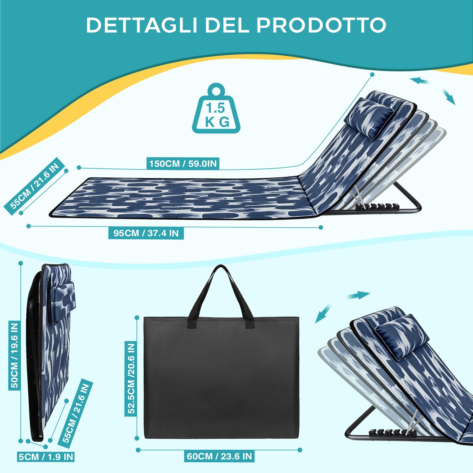 Tappetino da Spiaggia Pieghevole, Lettino da Spiaggia Pieghevole con Poggiatesta, Schienale Reclinabile e Tasca Portaoggetti, Portata 150 kg per Spiaggia Viaggi Giardino Campeggio (Blu)