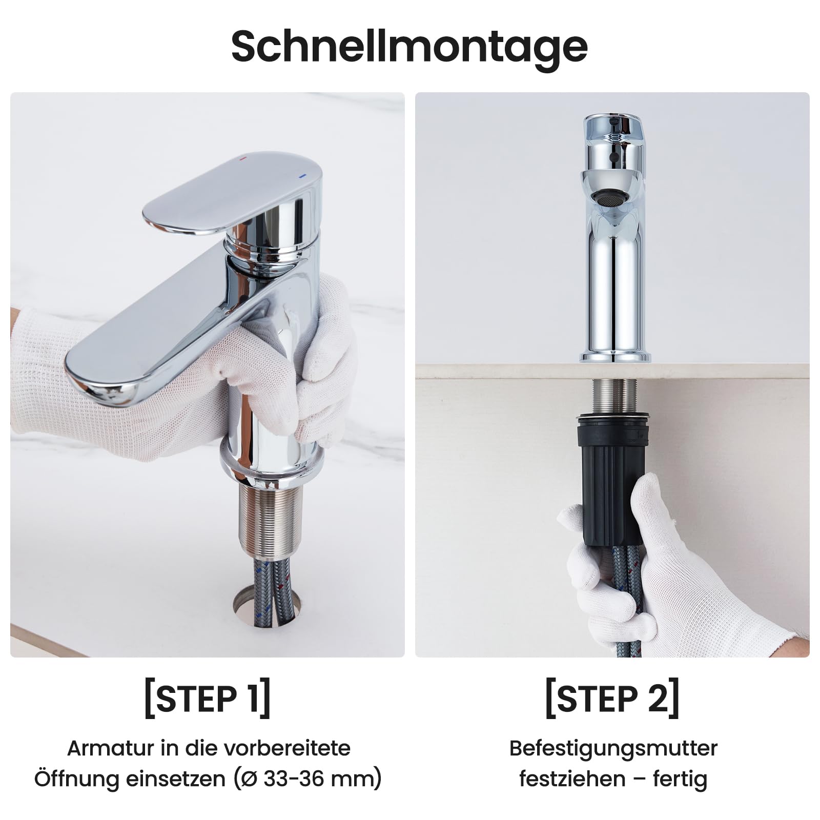 CECIPA Wasserhahn Bad Bleifrei, Waschtischarmatur mit Auslauf Höhe 10cm | Hochdruck Waschbecken Armatur, Einhebelmischer, Keramikkartusche, Wassersparend, Energiesparend, mit 60cm Anschlussschläuchen