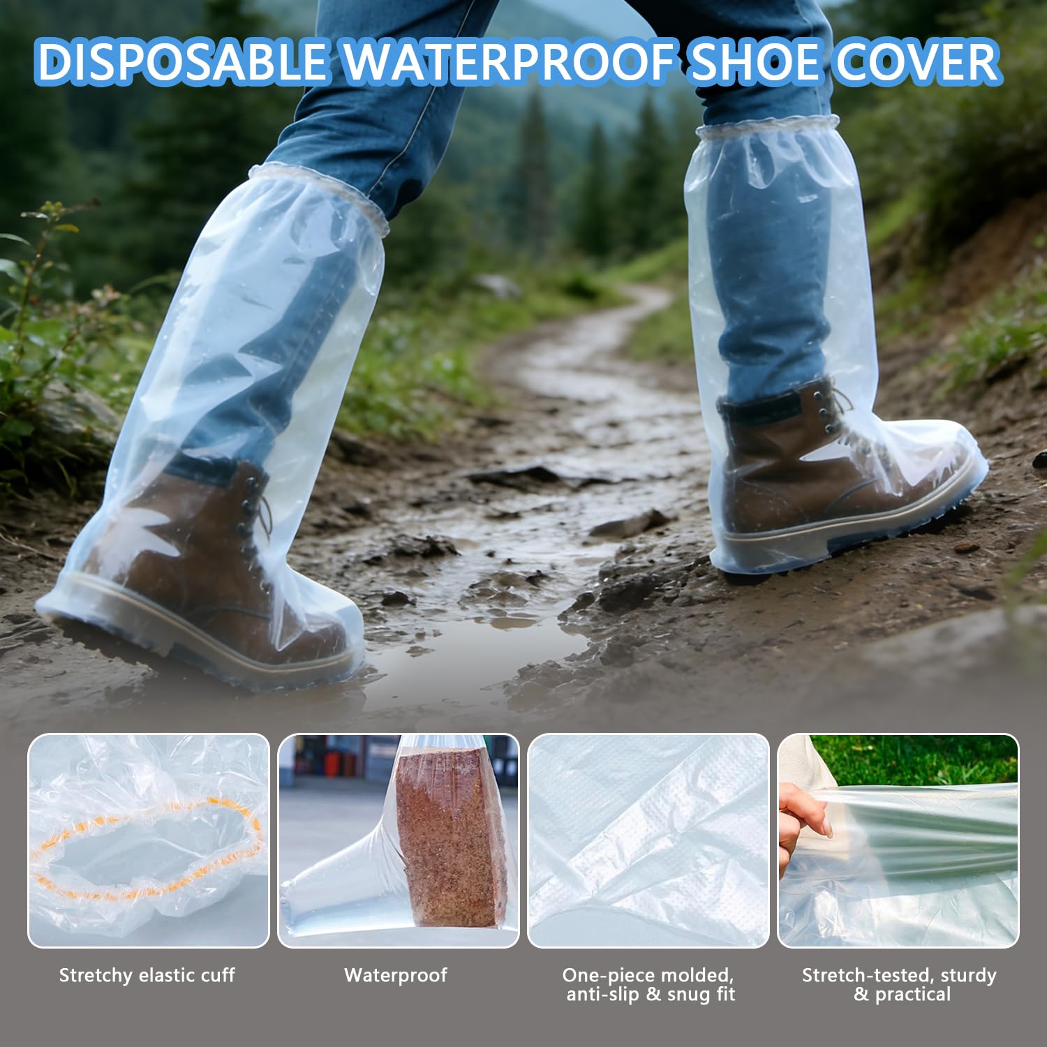 20 copriscarpe impermeabili usa e getta per pioggia, trasparenti, resistenti, antiscivolo, in plastica, per uomini e donne, per l'uso in parchi acquatici, pendolari e viaggi (20 pezzi lunghi)