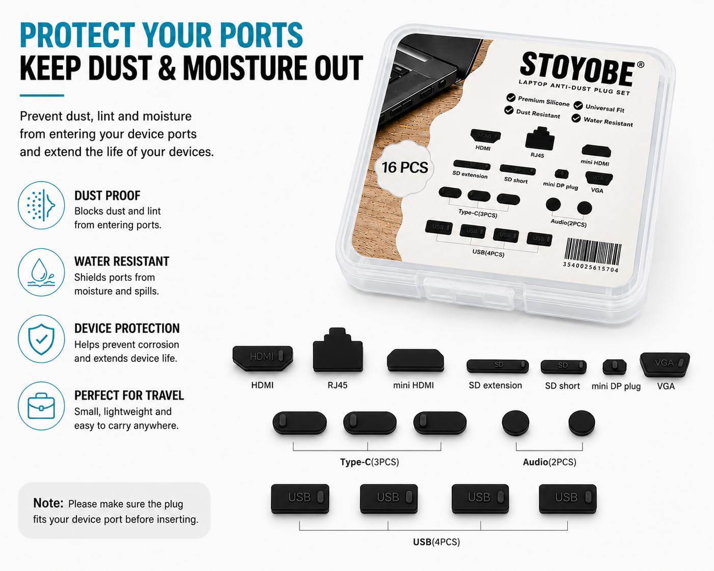 16-Pack Universal Laptop Anti-Dust Plugs, Silicone Port Covers for Lenovo/HP/Dell/Acer/Asus, Dust Proof Protector for USB-C, HDMI, USB, Ethernet, SD Card Slots (Black) — Amazon image 8