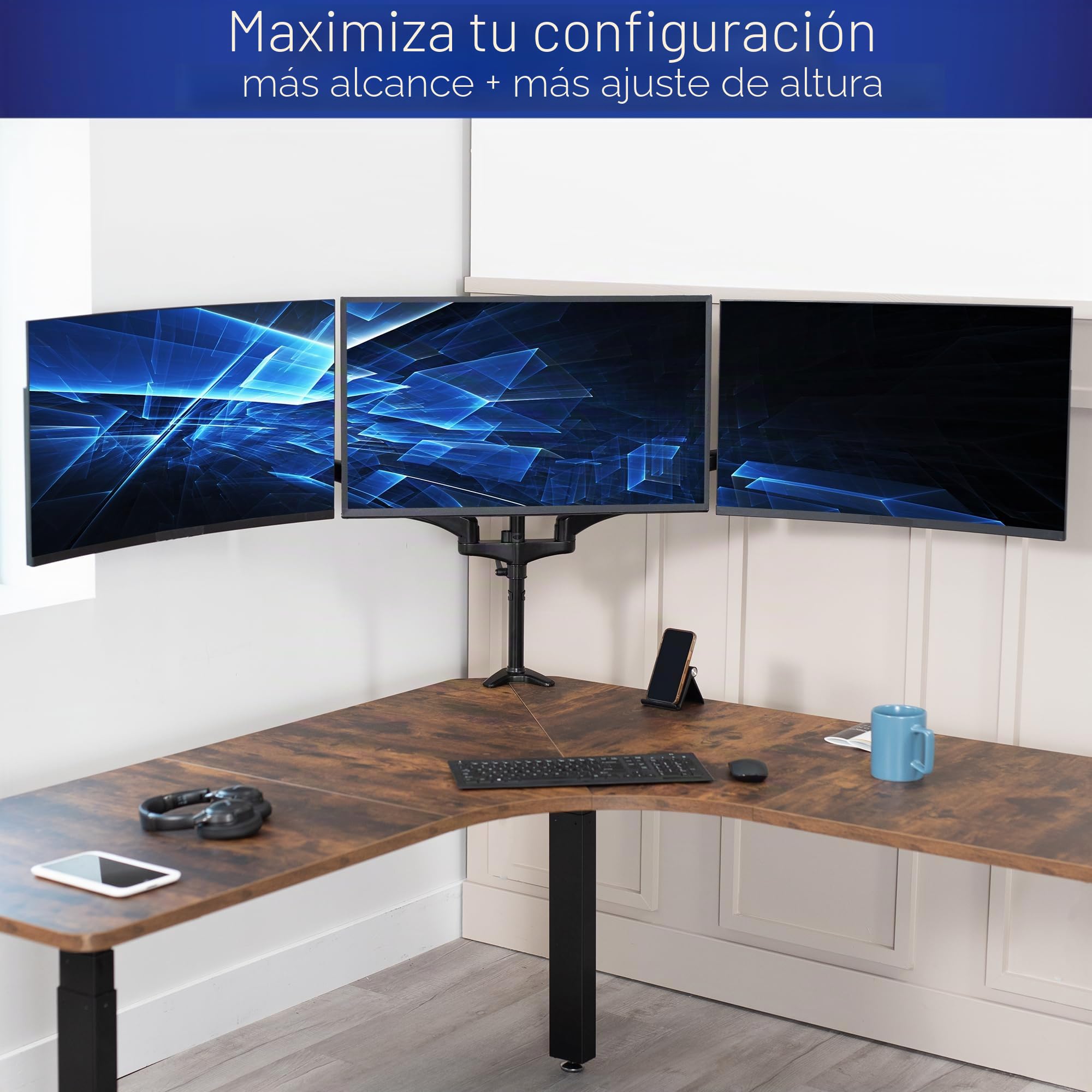 Vivo Soporte neumático Triple para Monitor para 3 Pantallas de hasta 32 Pulgadas, Totalmente Ajustable, Soporte de Escritorio Resistente con Ojal de Abrazadera en C, Negro, STAND-V300G