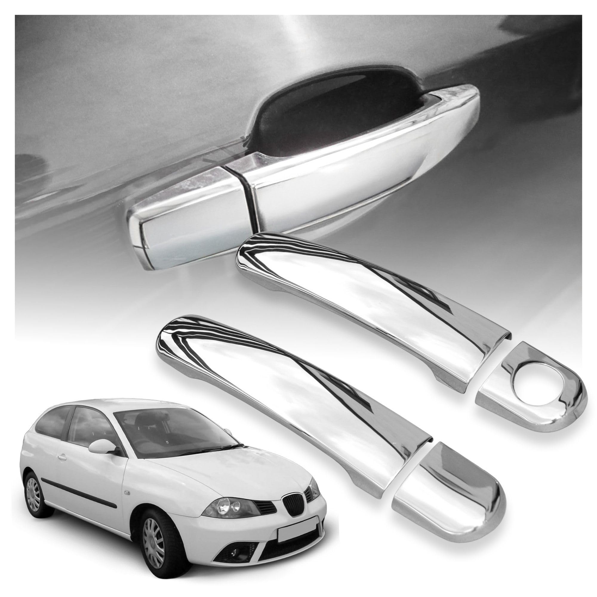 CHROMEMASTER | Cubiertas para Manillas Exteriores de Puerta Compatibles con SEAT Ibiza Hatchback 3D 2002-2009 | Acero inoxidable; Color: Cromo; Protección y Nuevo Look para Tus Manillas; Juego: 4 uds.