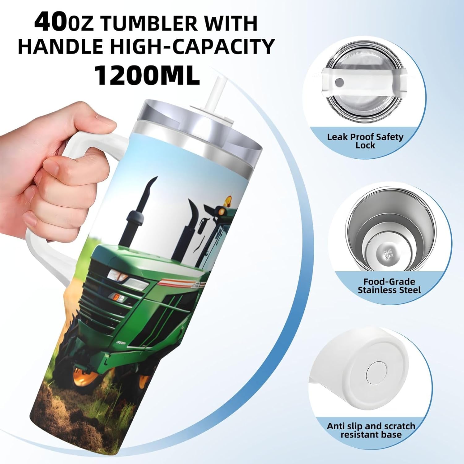 40 OZ Company Farm Tractor Print Ice Bully Cup with Handle Straw Lid Straw,Stainless Steel Tumbler Coffee Cup