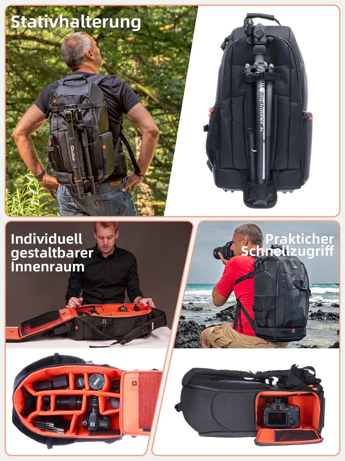 Rollei 20292 Fotoliner Fotorucksack L I großer Kamerarucksack I Daypack I inkl. Laptop-Fach,Regenschutz und Handgepäck tauglichen Maßen I Schwarz