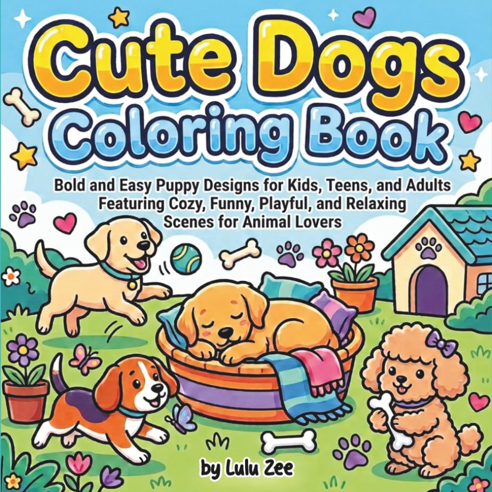 Cute Dogs Coloring Book: Bold and Easy Puppy Designs for Kids, Teens, and Adults Featuring Cozy, Funny, Playful, and Relaxing Scenes for Animal Lovers