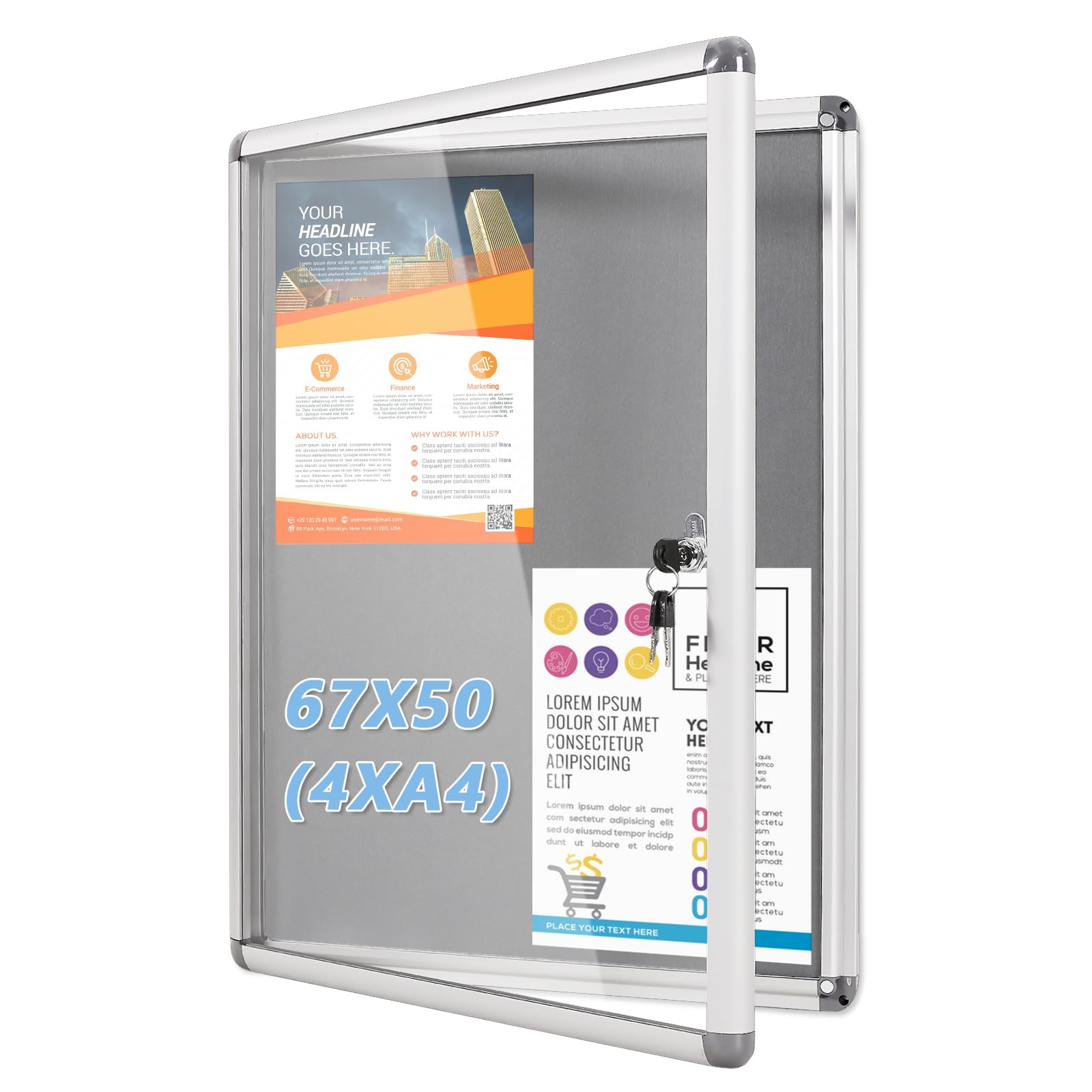 MAKELLO Schaukasten 4xA4 Alu Infokasten Plakatschaukasten Innen, Abschließbar, FilzrüCkwand, Grau - 67x 50cm