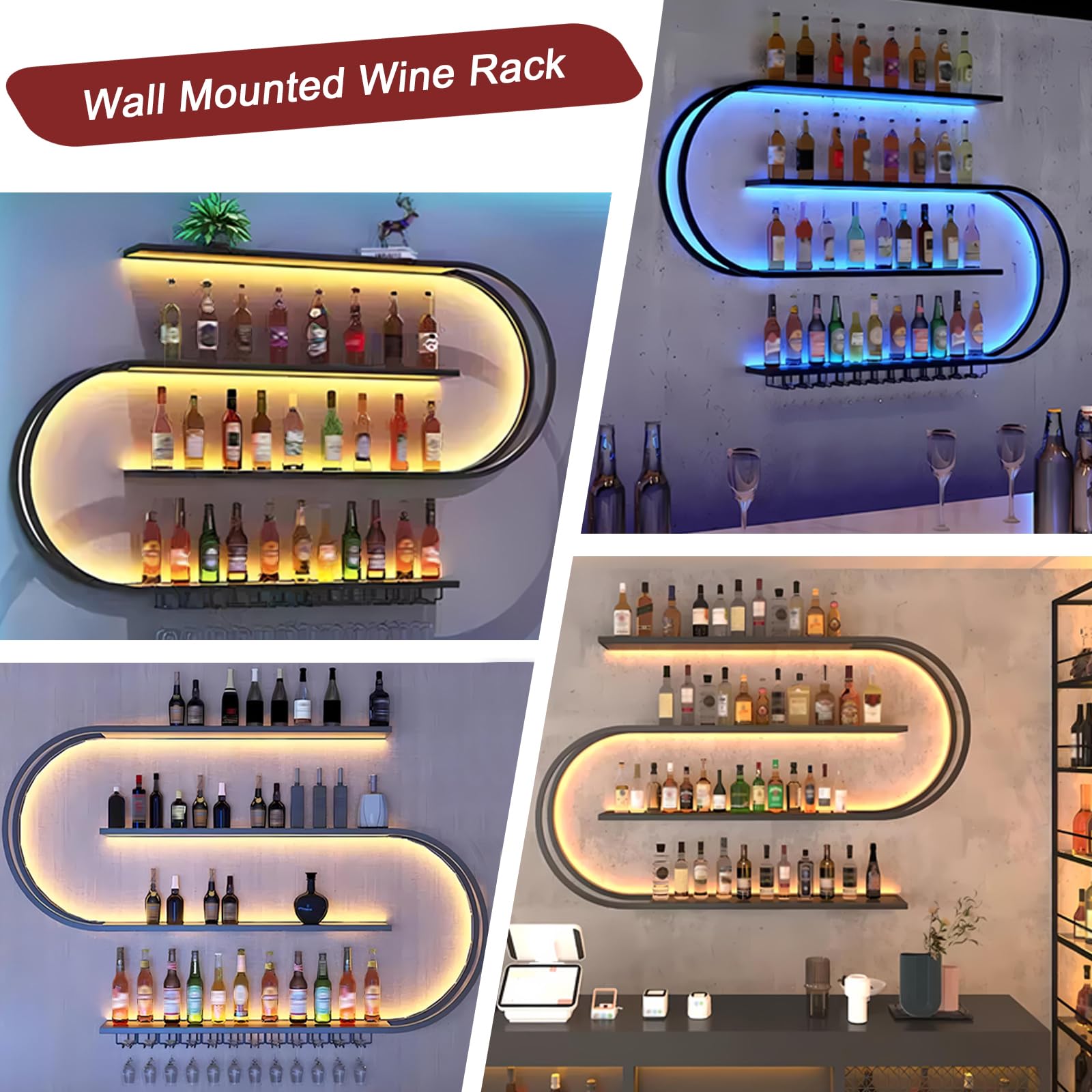120cm Portabottiglie da Parete, 4 livelli multifunzione Espositore Portabottiglie, Porta bottiglie di vino da parete con supporto in vetro nero per Bar, Sala da Pranzo, Cucina (nero, 120cm)
