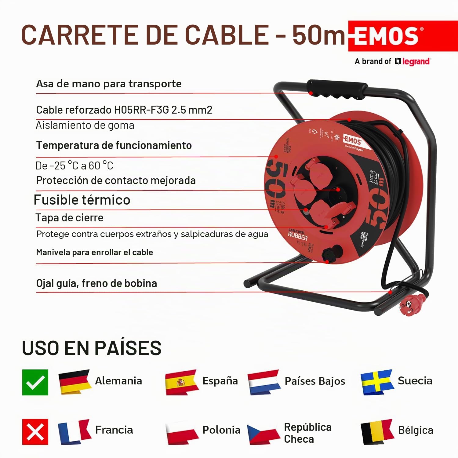 EMOS P19221 Carrete de Cable de 50m-4 enchufes Schuko-Impermeable, Impactos, Resistente a temperaturas-230 V, 15 A, 3500 W-Aislamiento de goma-H05RR-F 2,5 mm2-IP44 para Exteriores, Gris, Azul, Negro