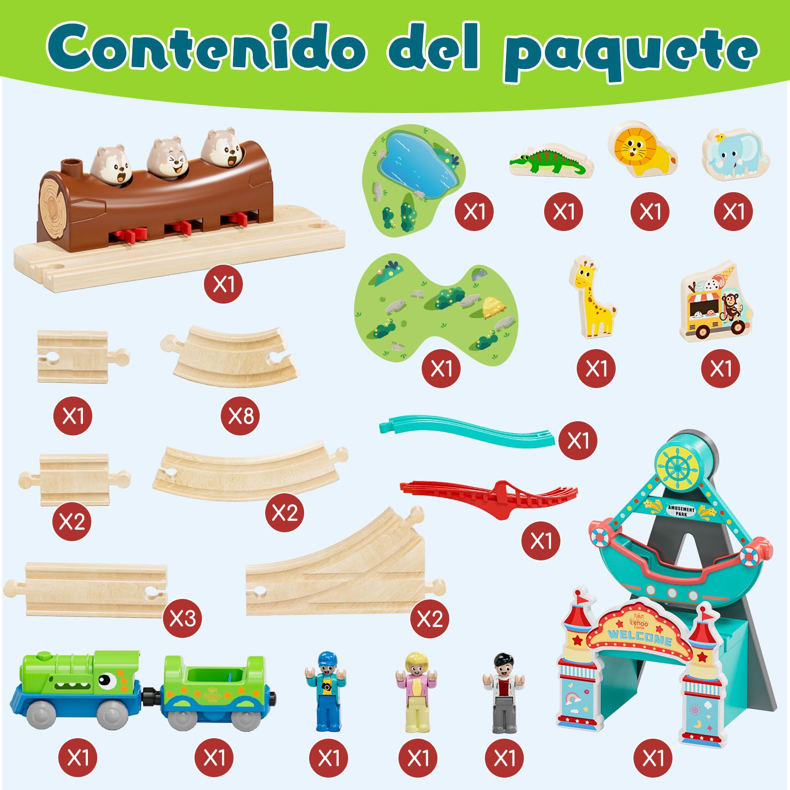 Lehoo Catsle Tren Juguete con Locomotora de Dinosaurios, Tren Electrico Juguete Niños 3+ Años, Juguetes de Mader, Tren Eléctrico Infantil, Regalo para Niño