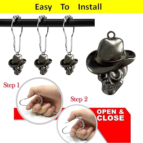 Miniatura 6 de Juego de 12 ganchos para cortina de ducha de calavera, suministros de fiesta de Halloween, decoración de casa encantada, esqueleto de vaquero