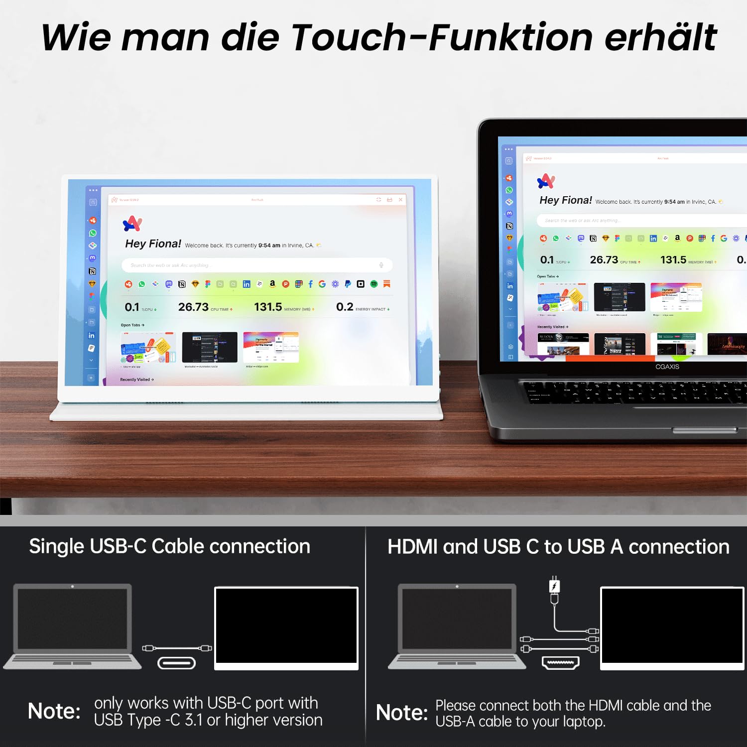 Monitor Portátil Táctil, 15,6'' Pantalla Ordenador con Funda Protectora | 1920x1080 IPS FHD con Altavoz Integrado, 10 Puntos con HDMI y USB-C para PC y Móvil