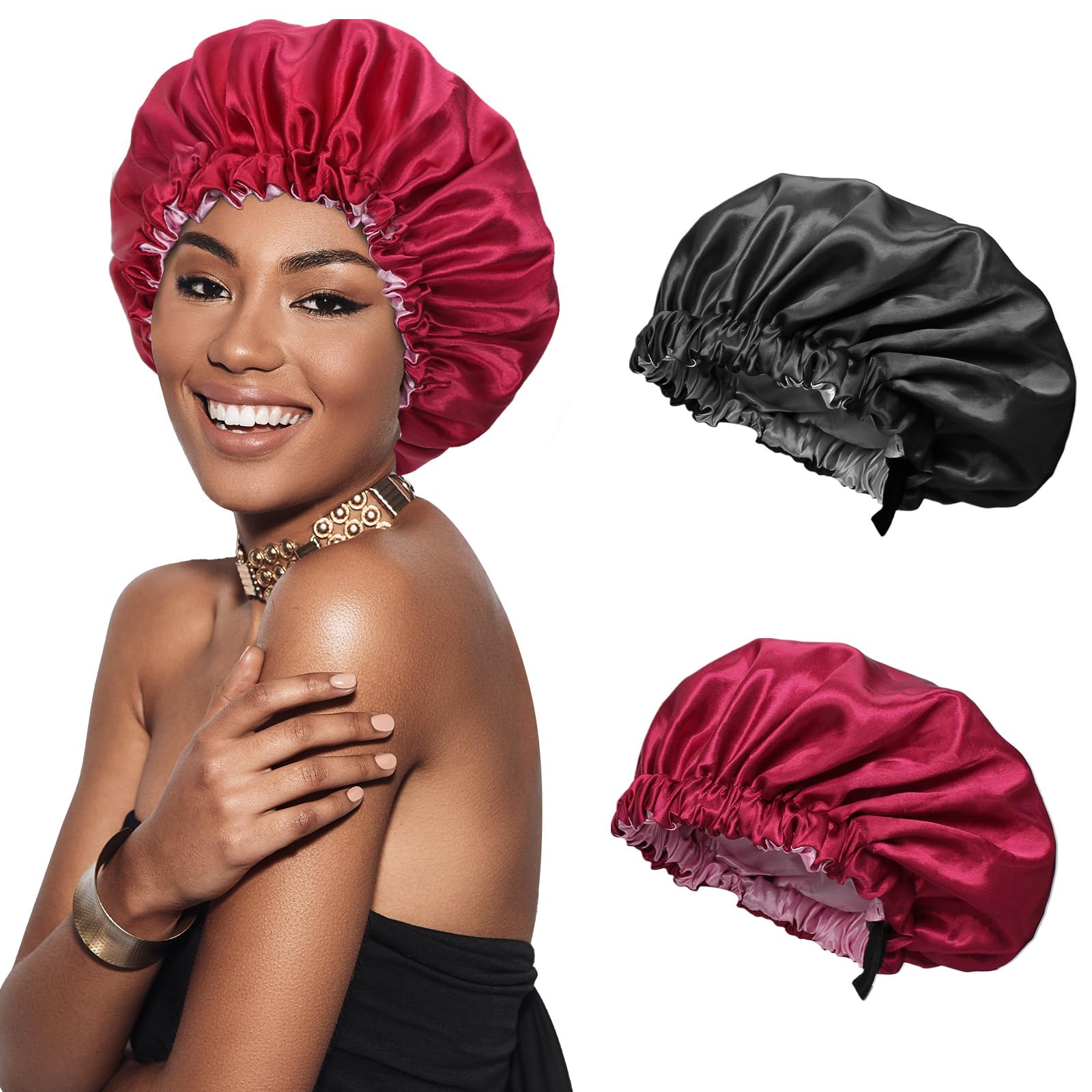 Ceecysaa 2 Pcs Silk Bonnet for Sleeping, Adjustable Satin Bonnet for Sleeping, Double Layer Hair Bonnet, Bonnet for Curly Hair for Women Girls (Black+Red)