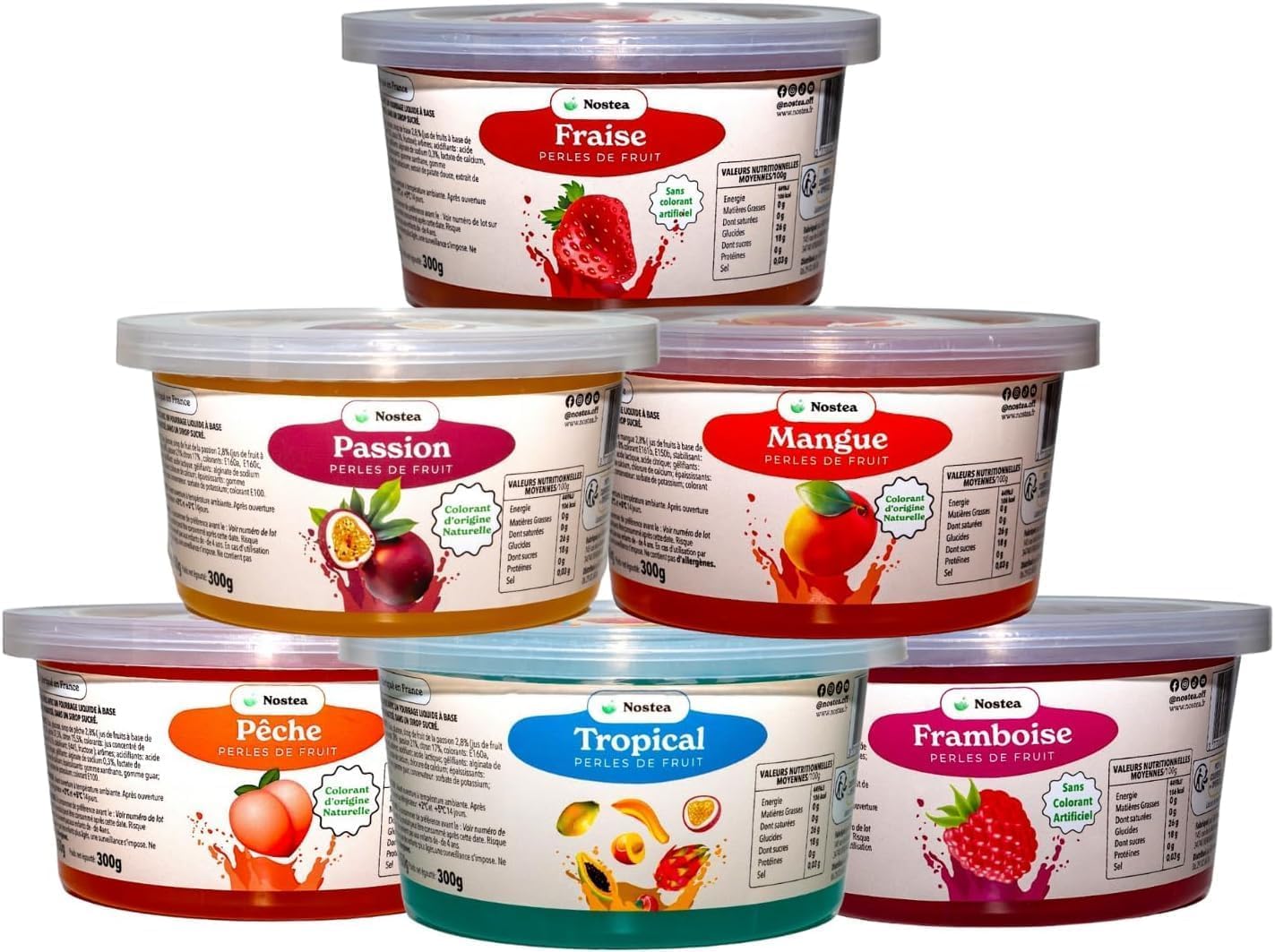 Nostea - Set di 3 vasetti, Perle per Bubble Tea Mango, Passione, Lampone – Popping Boba 100% Vegano, Senza Glutine - Perle al Succo di Frutta per Tè, Bevande - Produzione Francese - 3x 450 gr