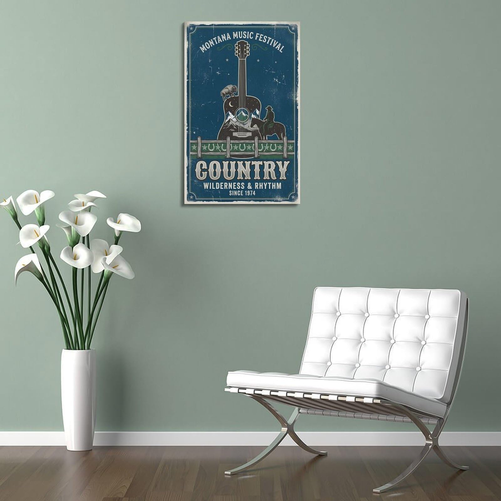 OKNGB Poster decorativo da parete su tela, motivo: chitarra del Montana, Wild West e musica country, poster decorativo moderno per camera da letto, 50 x 75 cm
