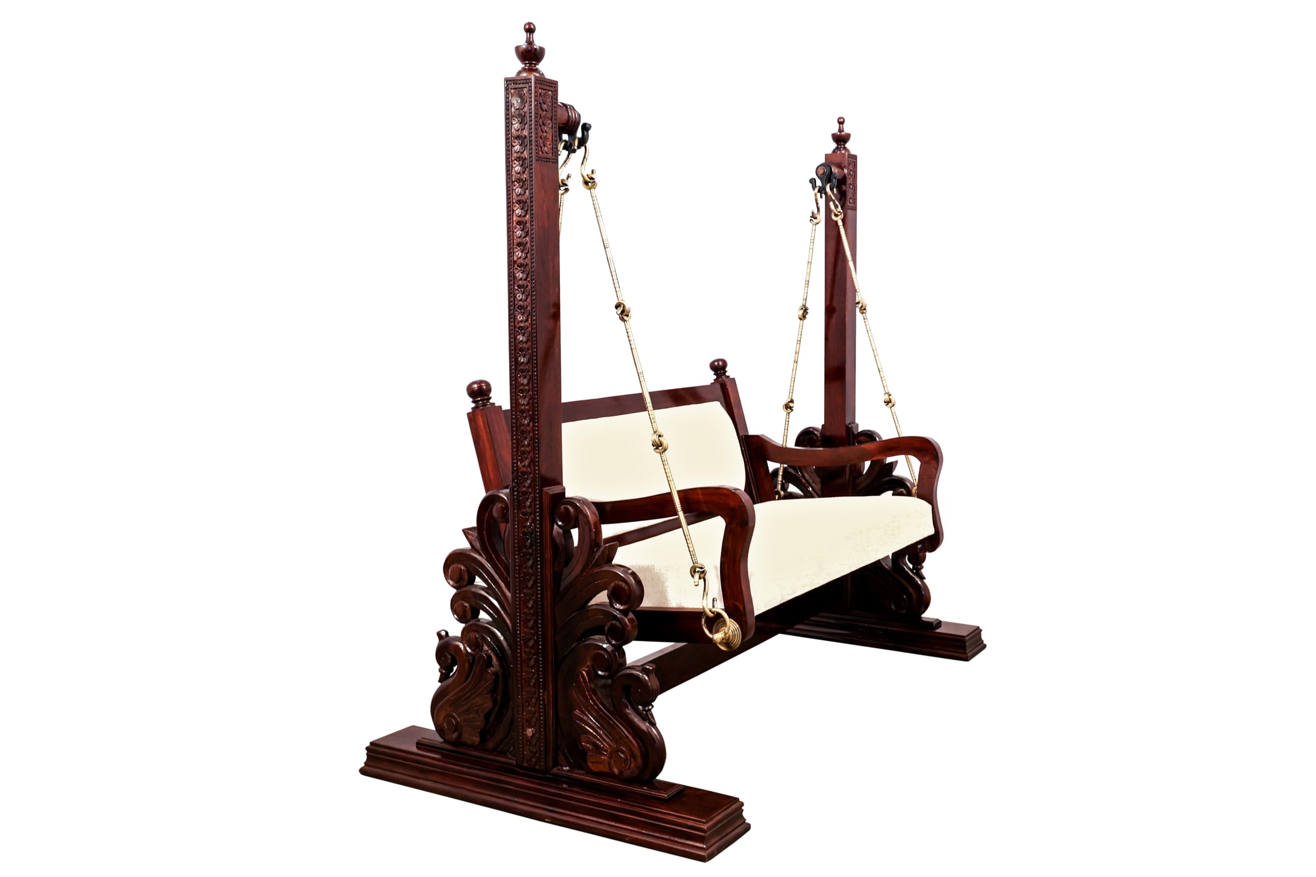 Wooden 2-Seater Swing Chair, 50D Foam Cushions, Teak Wood, Brass Fittings, 1.7m Stand, 1.1m Seat, Brown Polish, Indoor Swing, Antique Look (54)-image-28