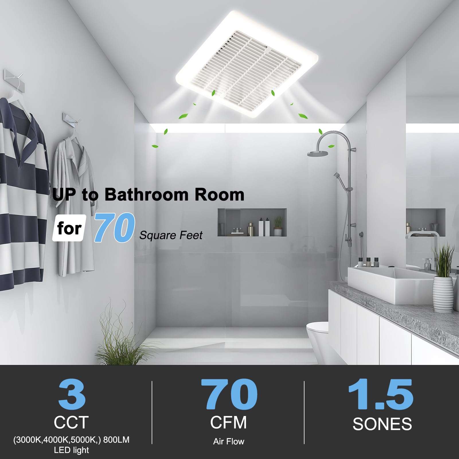Tech Drive - Ventilador de escape de baño con luz, 70 CFM, ventilador de baño súper silencioso de 1.5 tonos con luz, LED 3CCT de 800 lm, 3000 K/4000 K/5000 K seleccionable, certificado Energy Star