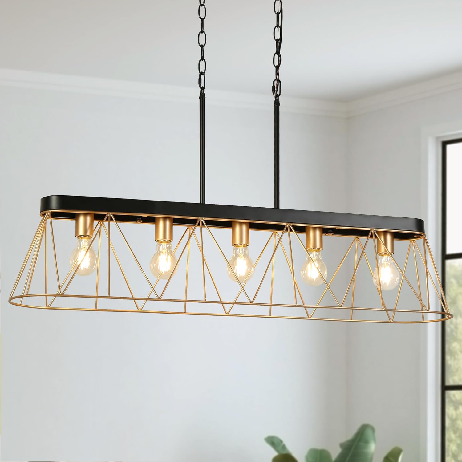 39" Large Modern Dining Room Light Fixture Over Table, 5 Light Mid-Century Modern Linear Chandeliers Black Gold Kitchen Island Lighting for Dining Room Pool Table Bar