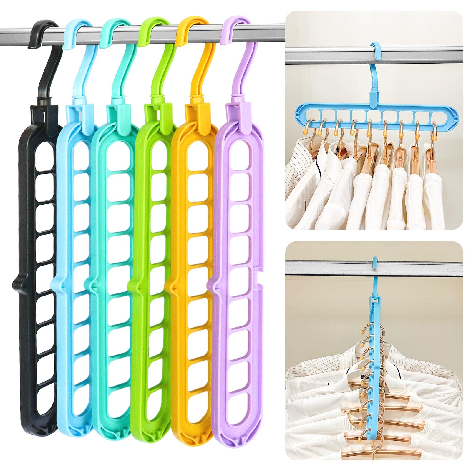 BESTBEL Closet Organizer and Storage, 6 Pack College Dorm Room Essentials, Bedroom Closet Storage Hangers, Magic Closer Organizer for Space Saving, Clothes Hangers with 9 Slots for Wardrobe