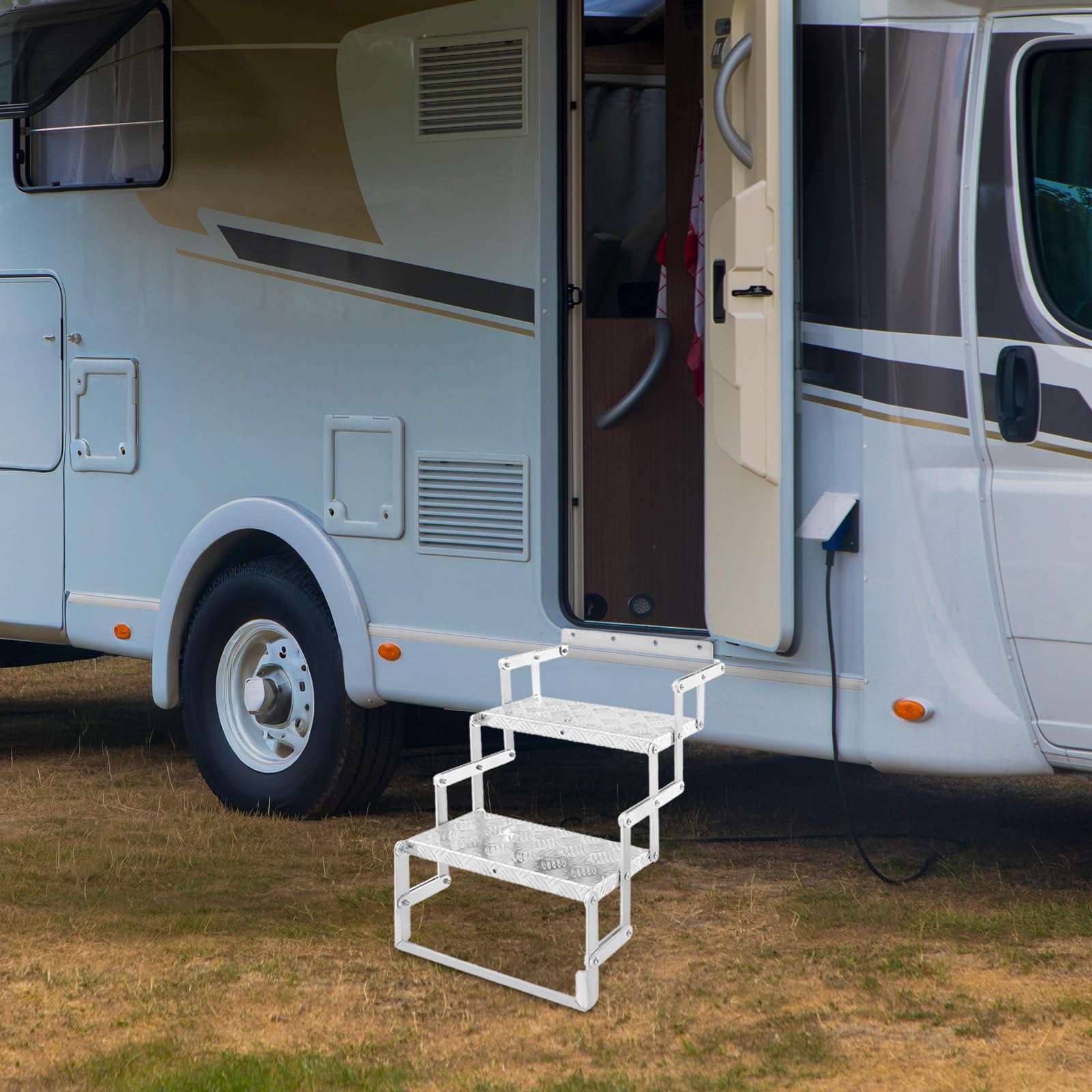 Scala pieghevole in alluminio fino a 110 kg, scala a gradini in lega di alluminio e acciaio al carbonio, pedane antiscivolo con fori di montaggio, per camper, roulotte, rimorchio (2 gradini)