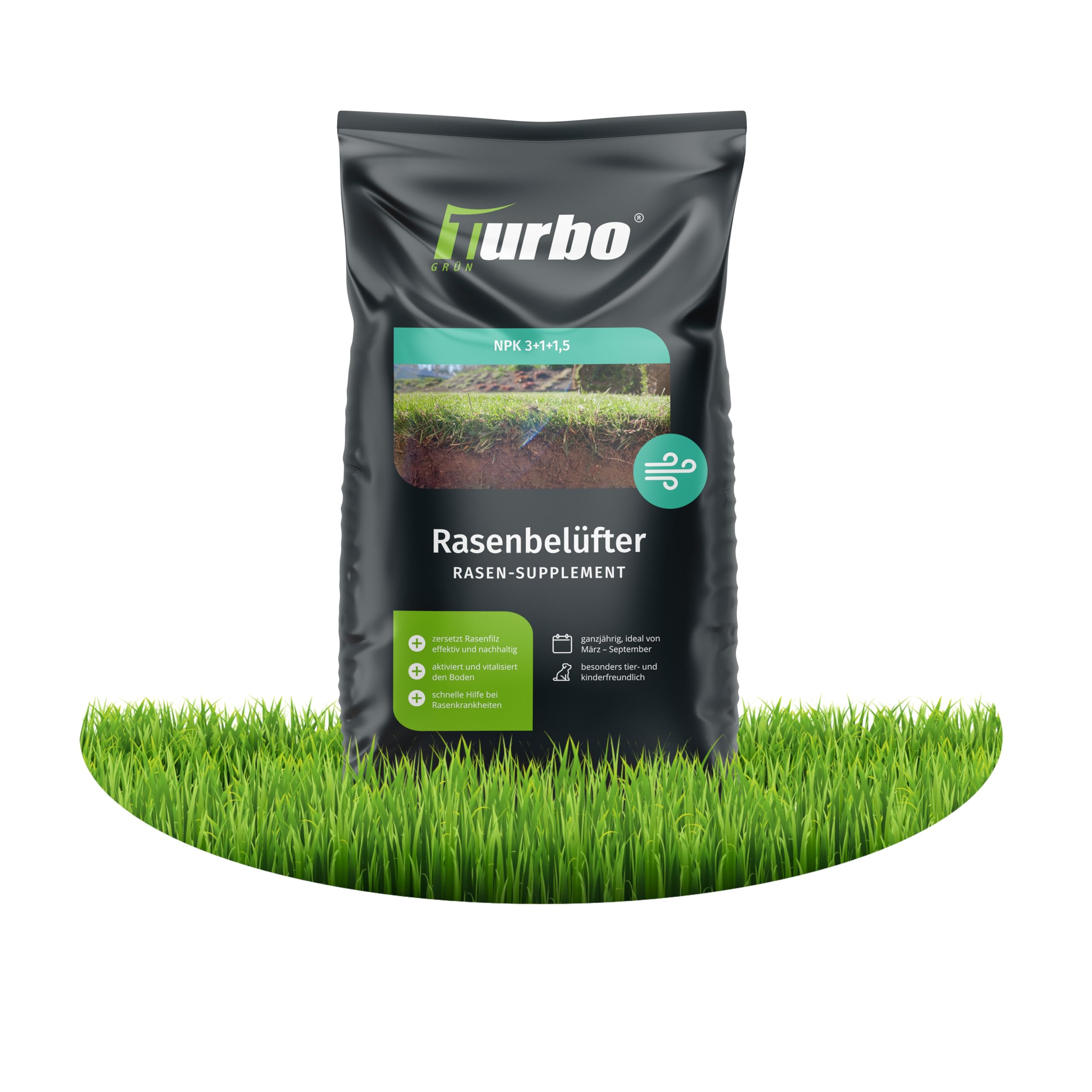 Turbogrün Rasenbelüfter 5kg für 150m², Bodenaktivator, Rasenlüfter, Rasendünger Frühjahr, zersetzt Rasenfilz, aktiviert das Bodenleben