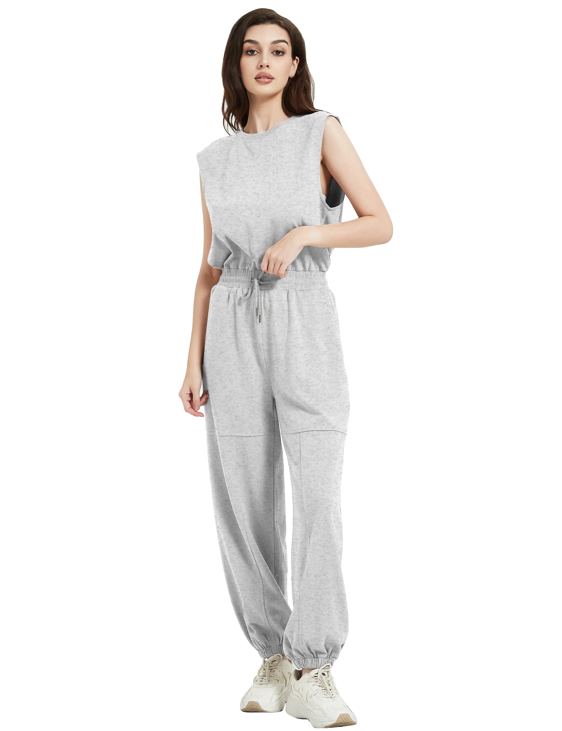 Kissonic Women's Casual Jumpsuits Sleeveless Loose One Piece Outfits Drawstring Crewneck Onesie with Pockets