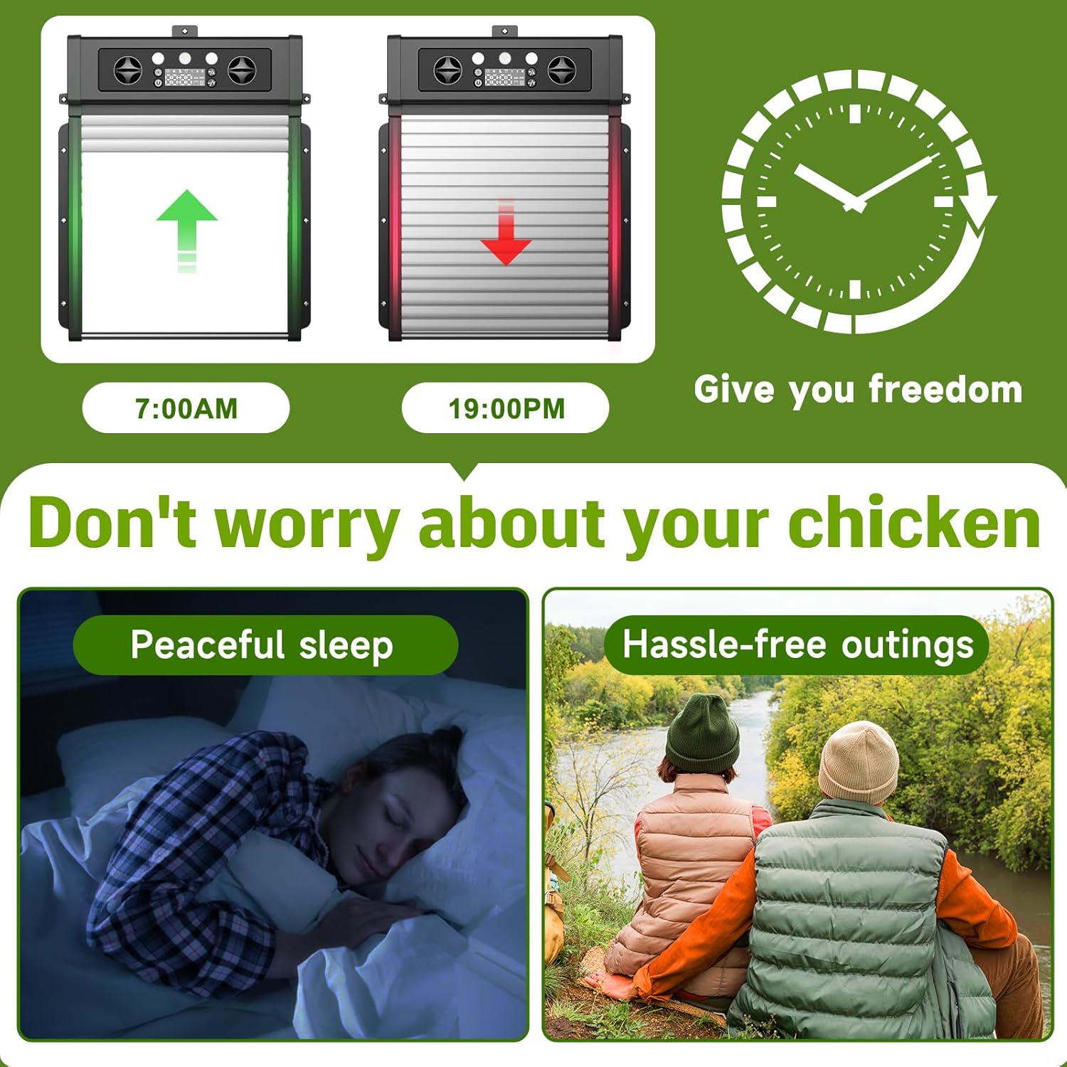 Automatic Chicken Coop Door Solar Powered, LCD Display Chicken Door with Timer & Light Sensor, 4 Modes Auto Chicken Door Solar, Anti-Pinch & Weather Proof Coop Door with Remote Control