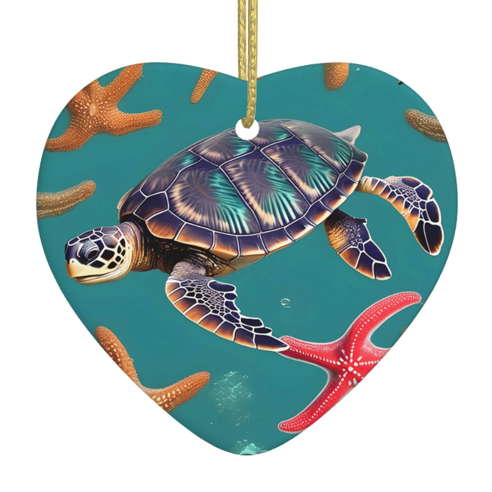 Nbtghga White Sea Turtle Starfish Pattern Print Christmas Ornaments, Ceramic Hanging Ornament, Xmas Tree Decoration, Holiday Home Decor