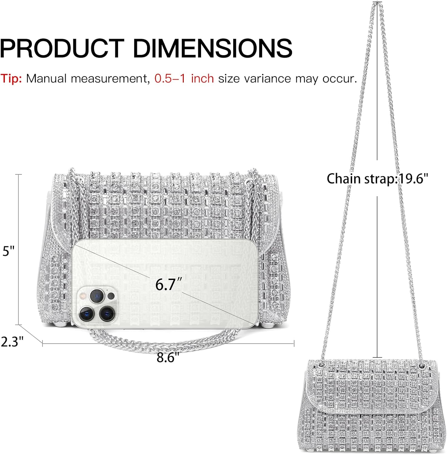 RNIEGA Sparkling Rhinestone Evening Clutch Handbag Purse Ladies Crossbody Shoulder Bag with Metal Chain for Wedding Party