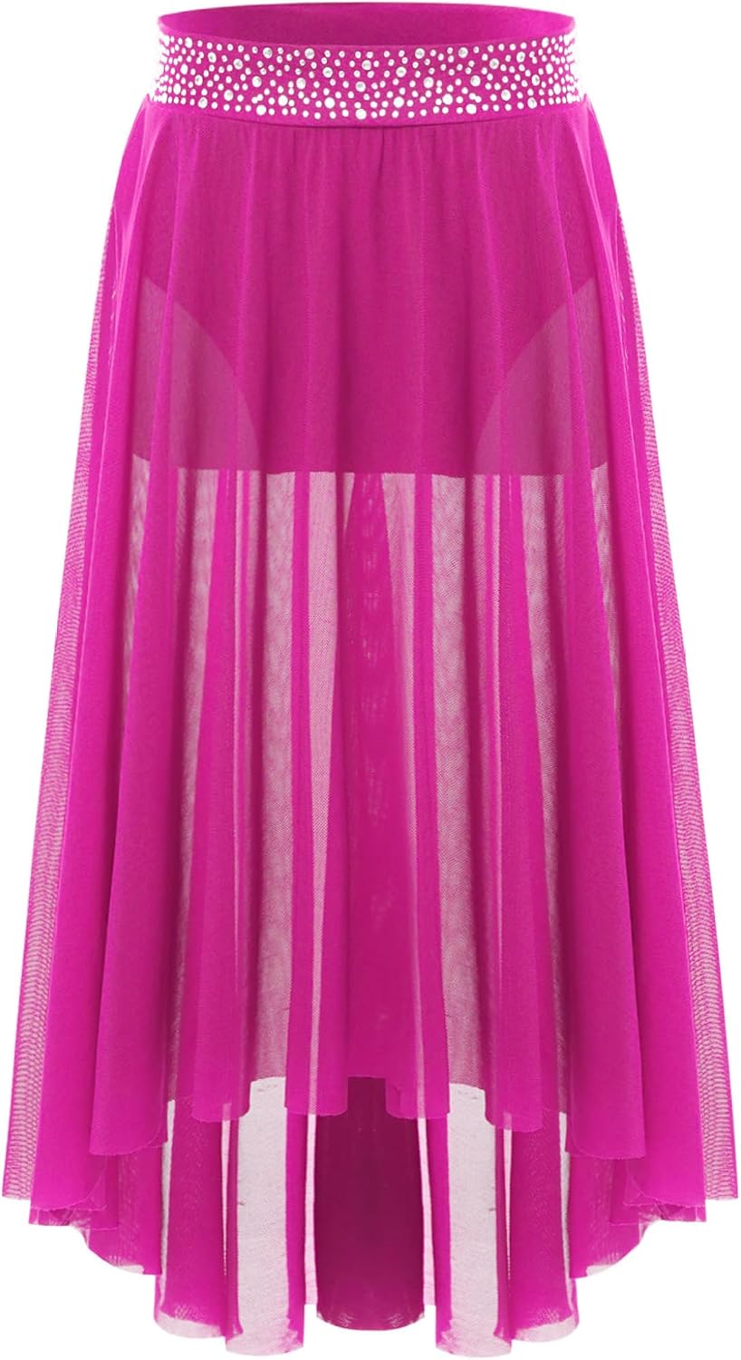 Kids Girls Lyrical Dance Skirt Sparkly Rhinestones High Low Figure Skating Ballet Dance Midi Skirt