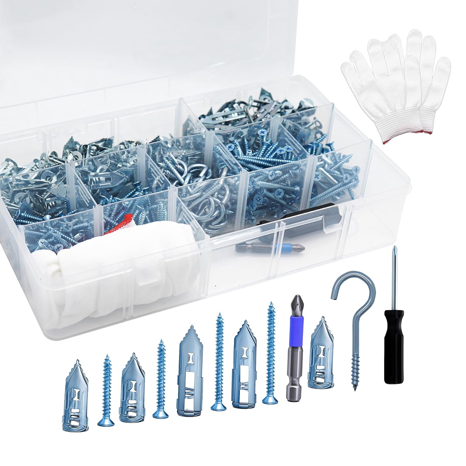 510pcs Self-Drilling Drywall Anchors with Screws and Screw Hooks,4 Sizes Screws and Drywall Anchor,1 Size Wall Anchors with Screw Hooks,Zinc Plated Expansion Screw Set No Drilling Required (Silver)