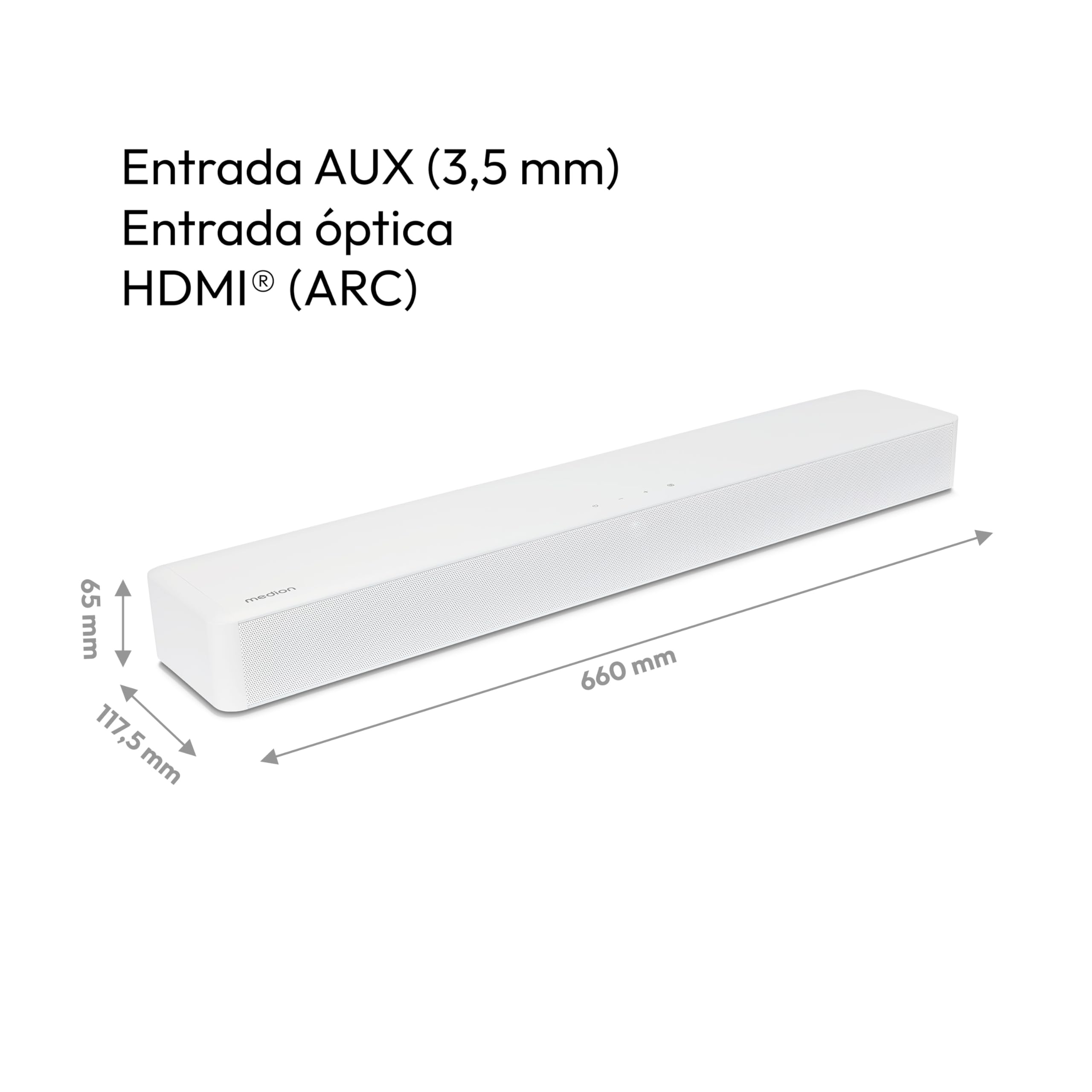 MEDION P61155 Barra de Sonido 2.0 con Bluetooth (Incluye Mando a Distancia, Control táctil, HDMI (ARC), AUX, Entrada óptica, 2 x 30 W RMS) Blanco