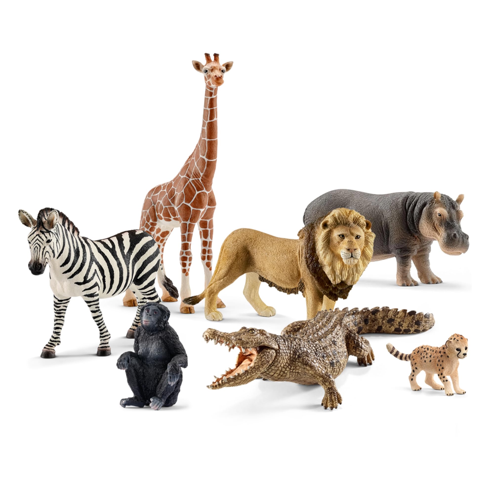 Wild Life - 7PC Savannah Animal Toy Bundle | 77763 | African Wildlife Playset, Zebra Giraffe Monkey Alligator Cheetah Hippo Lion Figurines